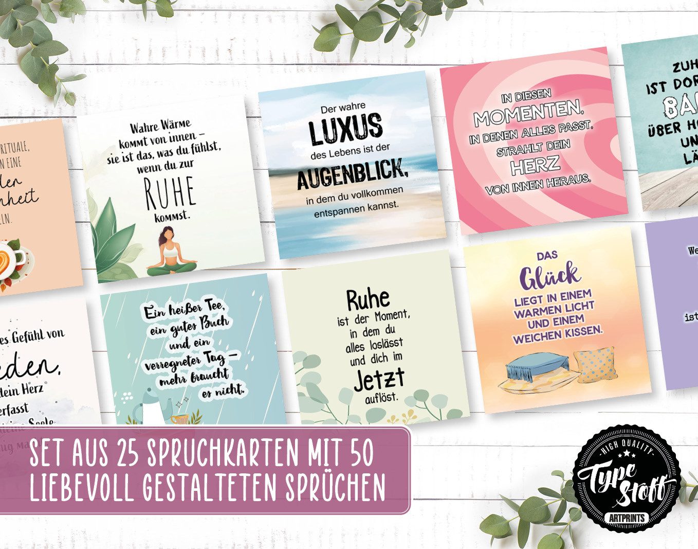 TypeStoff Grußkarten TypeStoff Spruchkarten Set Hygge 25 Karten 50 Sprüche 10,5x10,5 cm, 50 Sprüche auf 25 Karten 300 g/m² FSC-Papier Format 10,5 x 10,5 cm