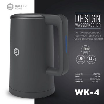 Balter Wasserkocher WK-4, Edelstahl, 1,7 Liter, Doppelwand Design, BPA frei, LED, grau