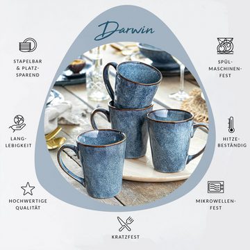 SÄNGER Becher Darwin Kaffeebecher Set (4-teilig), Steingut, Handmade, 500 ml, Blau
