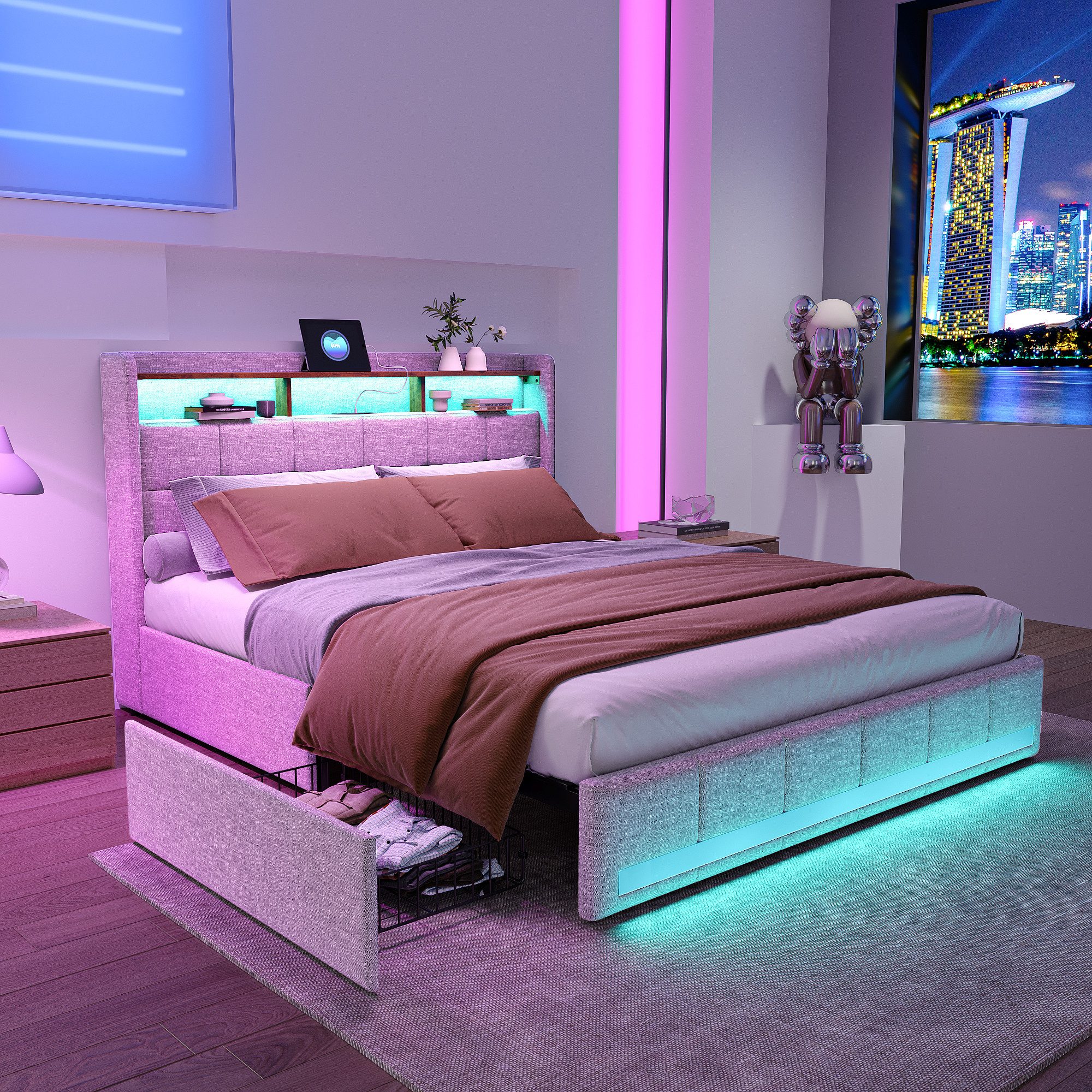 PXloue Polsterbett LED Doppelbett 180x200 cm, mit USB-Laden und Stauraum am günstig online kaufen