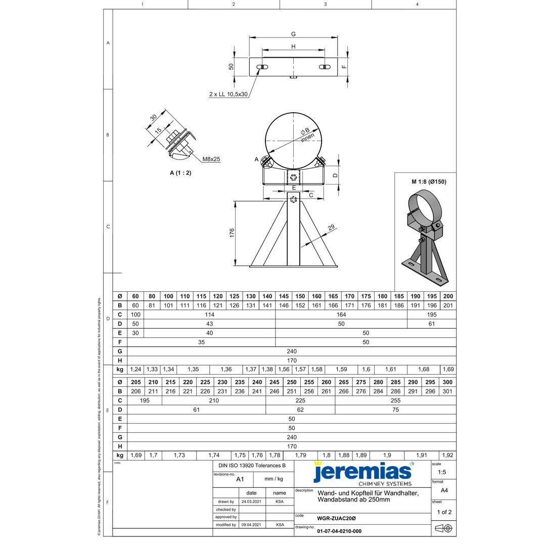 Jeremias Schornstein DW-FU Ø115mm Wandteil von DW20, f. Wandhalter ab 250mm, einstrebig, Ø 115 mm