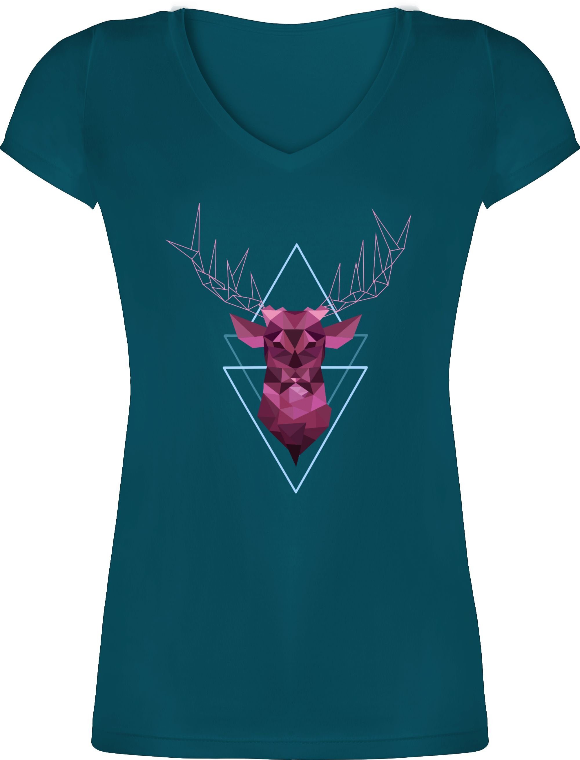 Damen Shirts Shirtracer T-Shirt Hirsch Geometrisch - Mode für Oktoberfest Damen - Damen T-Shirt mit V-Ausschnitt Party Outfit Ba