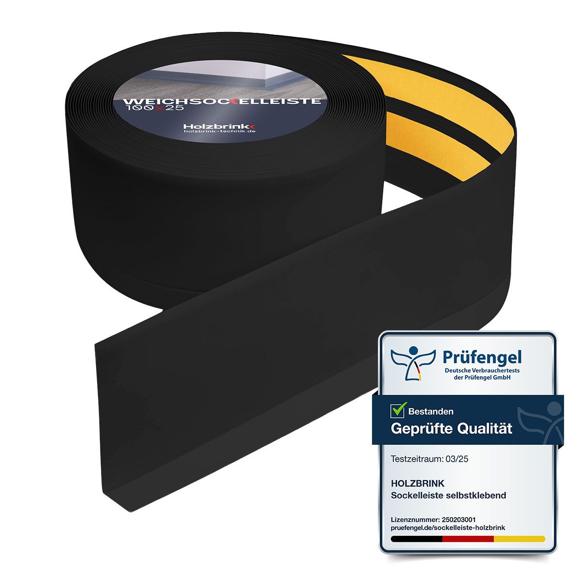 HOLZBRINK Sockelleiste PVC Weichsockelleiste selbstklebend 100x25mm Schwarz, L: 500 cm, 5m Rolle, Küchenabschlussleiste Arbeitsplatte, Fensterleiste, Fensterabdichtung