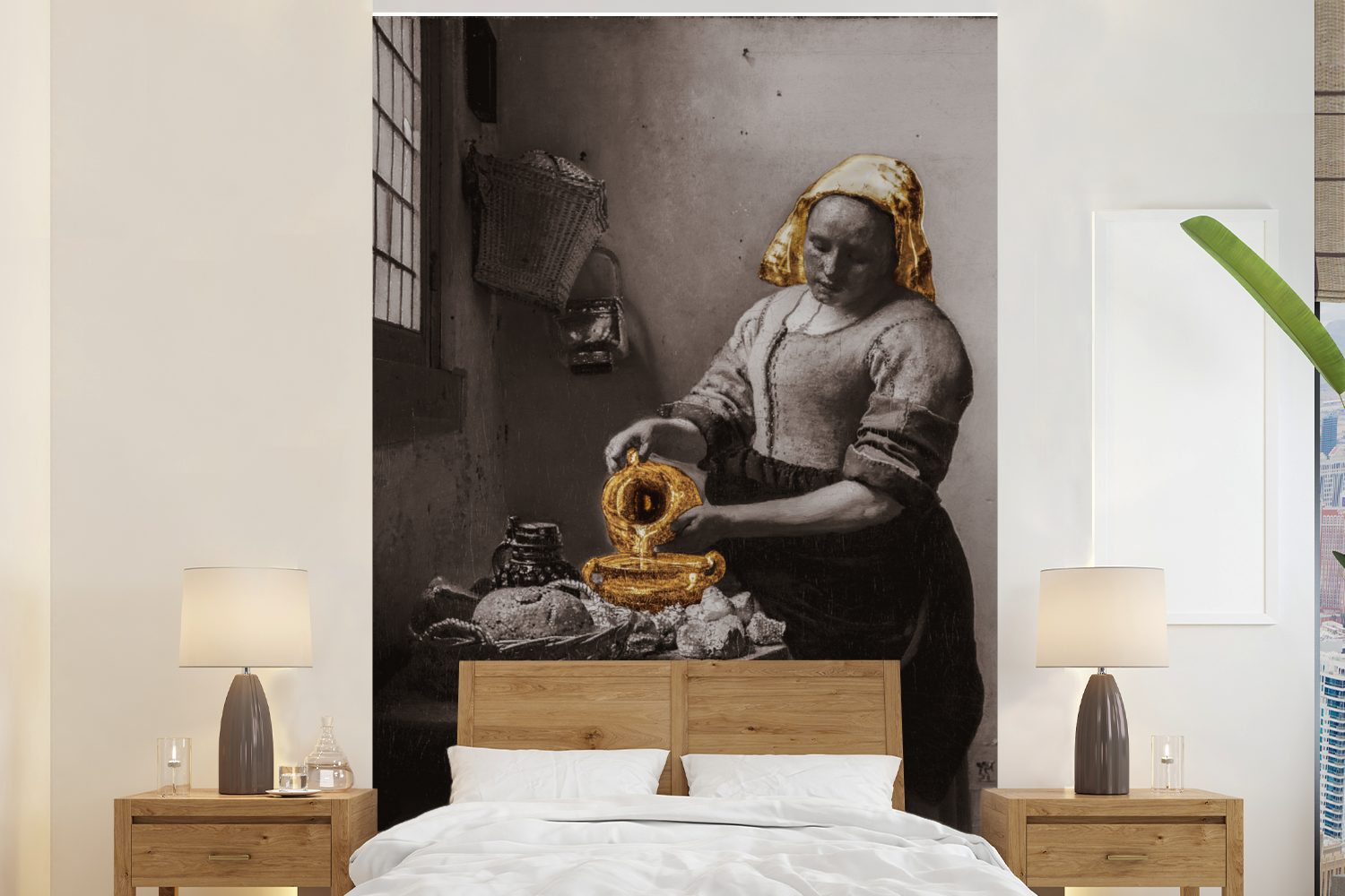 bedruckt, Das - Vinyl Wohnzimmer, Gold, (3 Milchmädchen - Fototapete MuchoWow Vermeer für Tapete Montagefertig St), Wandtapete Johannes Matt,