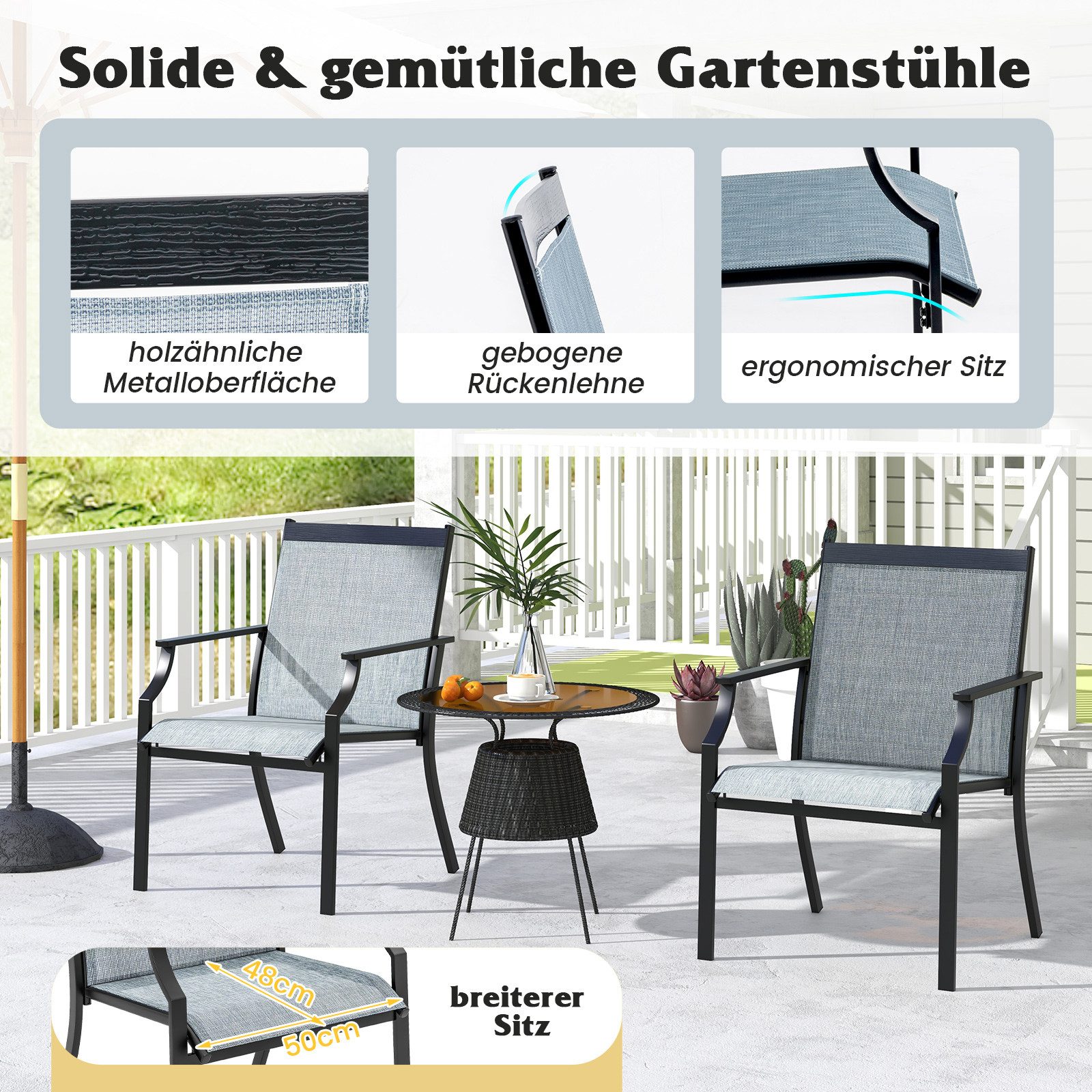 COSTWAY Gartenstuhl (2 St), 50 cm breitere Sitzfläche, mit Armlehne