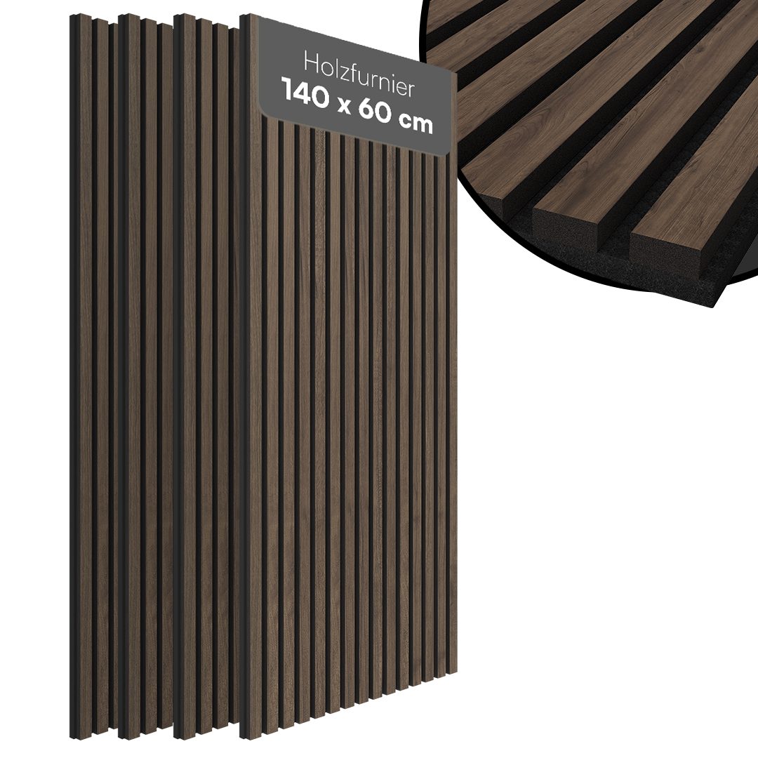 Bellamio Wandpaneel Kilwa, Akustikpaneel Holzoptik, BxL: 60x140 cm, 0,84 qm, (Walnuss, 4-tlg) 3D Lamellenwand schallabsorbierend, in verschiedenen Größen verfügbar