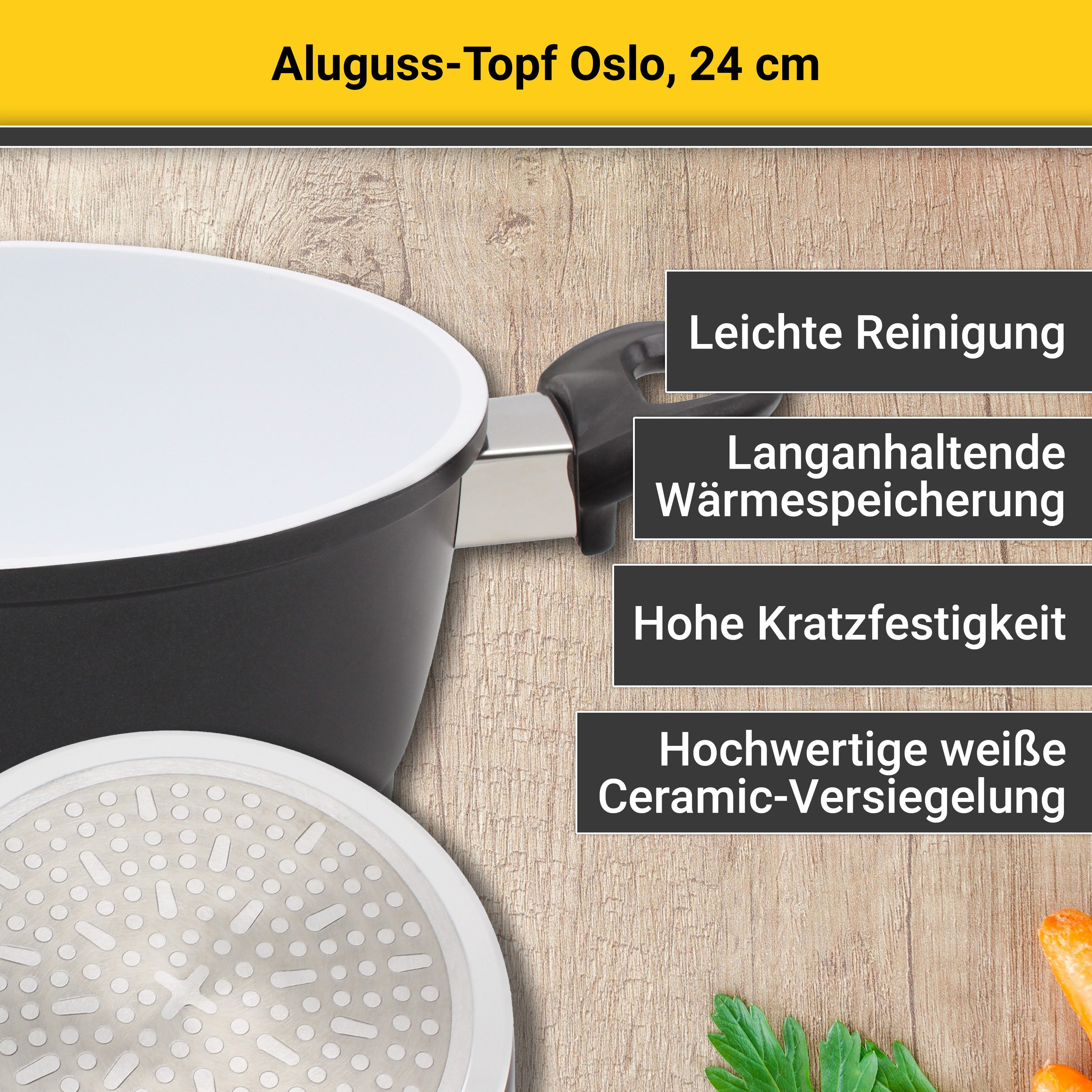 Krüger Fleischtopf Aluguss Topf mit Glasdeckel Oslo, Aluminiumguss (1-tlg), für Induktions-Kochfelder geeignet – Bild 2 von 5