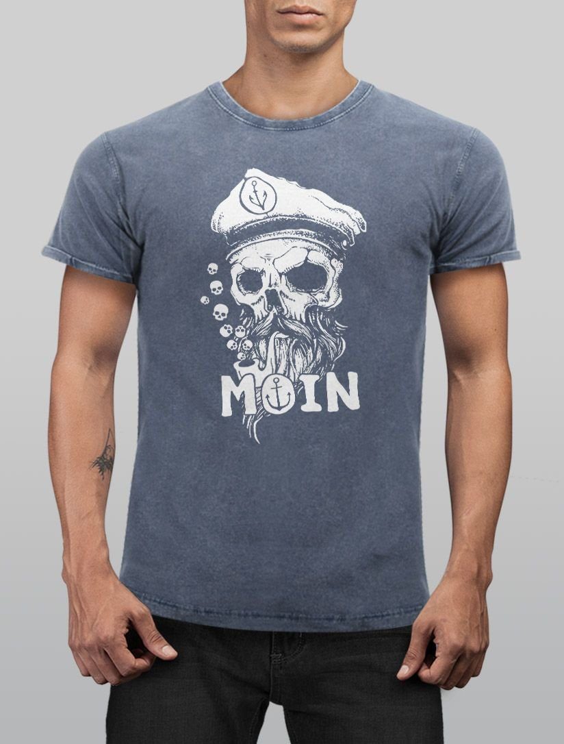 Moin T-Shirt Hamburg Neverless® Look mit Print Print-Shirt Neverless Bart Printshirt Used Aufdruck Totenkopf Vintage blau Kapitän Anker Herren Shirt