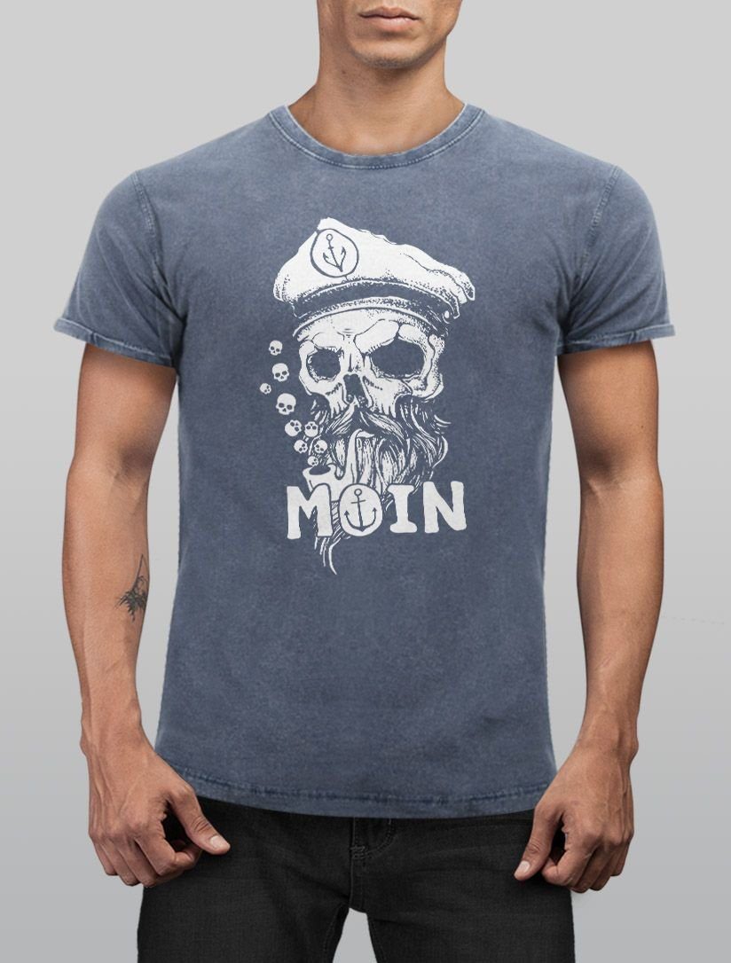 Neverless Print-Shirt Herren Printshirt Anker Look Aufdruck Neverless® blau Used Moin mit Bart Hamburg Totenkopf Vintage Kapitän Print Shirt T-Shirt