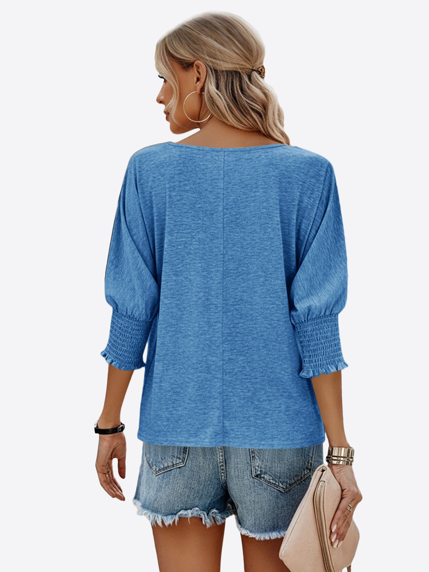 Imily Bela T-Shirt Damen Locker mit 3/4-Ärmeln und gerafften Bündchen (Packung, 1-tlg., 1per-Pack) mit Rundhalsausschnitt in Unifarbe