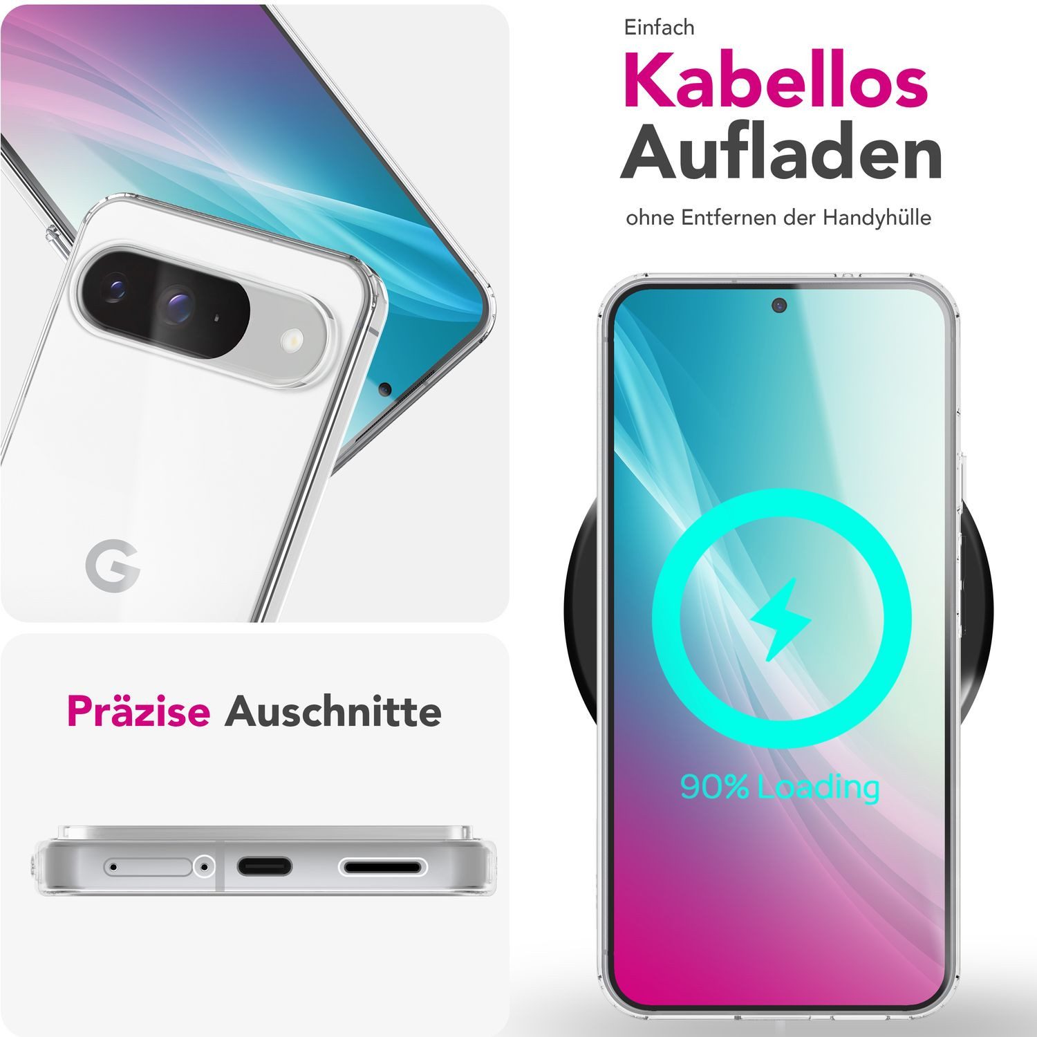 Nalia Smartphone-Hülle Google Pixel 9 16 cm (6,3 Zoll), GLAZE Case - Transparentes Silikon, Anti-Watermark & Schlank