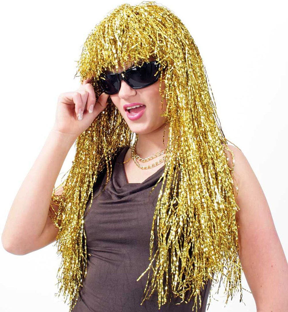 Fries Kostüm-Perücke XXL Lametta Perücke 80iger Disco Gold oder Silber 60 cm lang Karneval