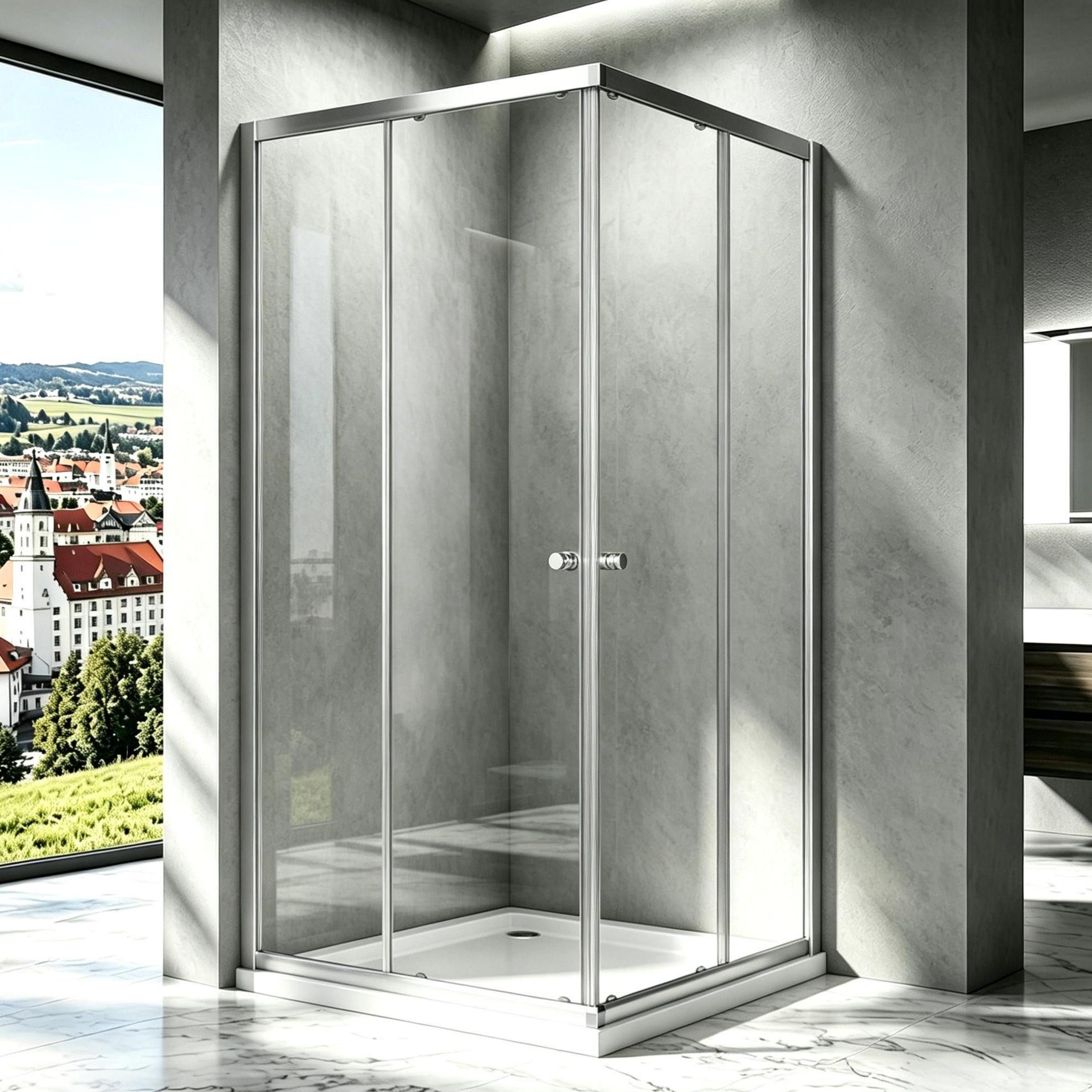 Boromal Eckdusche Duschkabine Schiebetür Eckeinstieg Schwarz / Silber, BxT: 75x80 cm, Montage auf Duschtasse sowie ebenerdig möglich, 5mm ESG Glas Duschwand