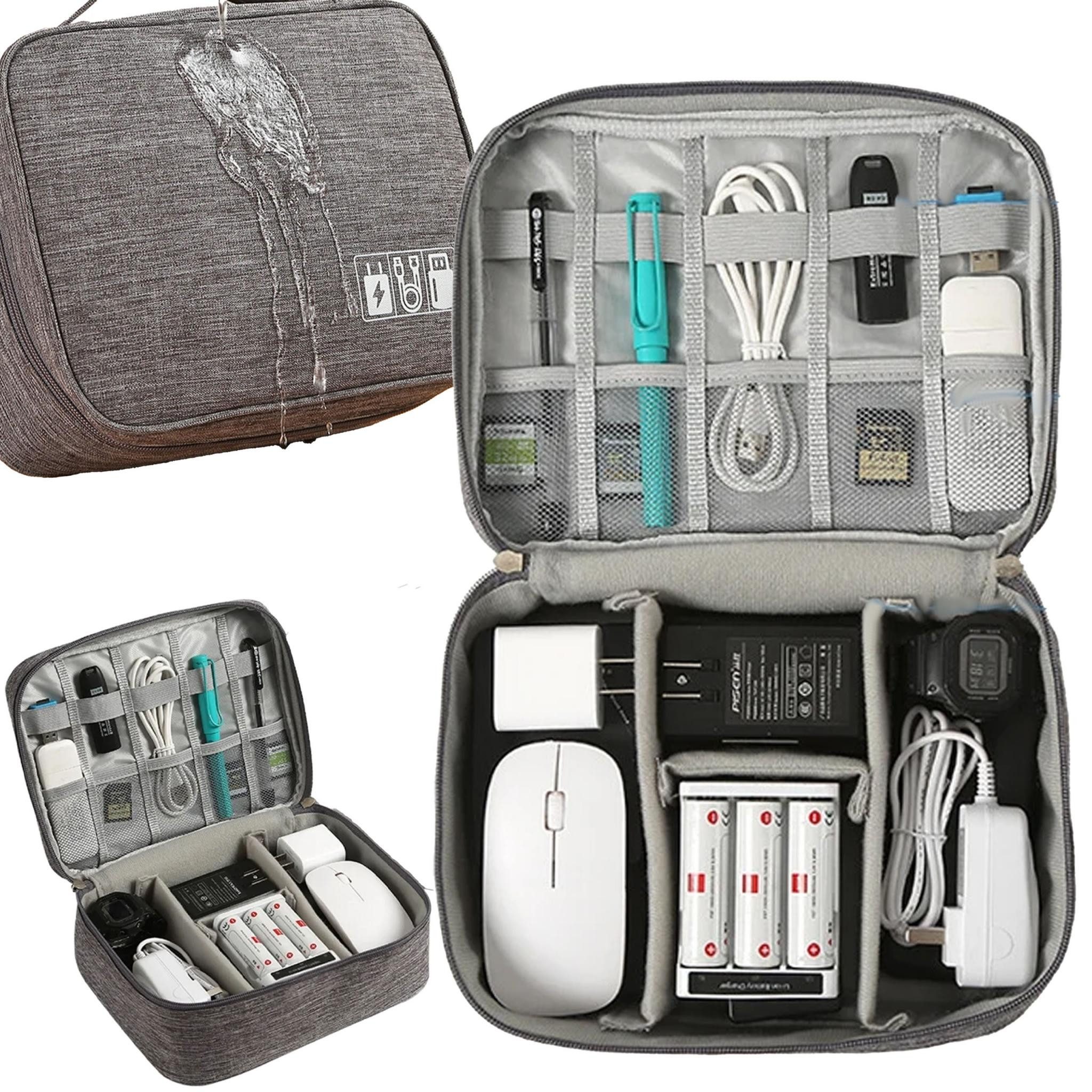 Realb2b Kofferorganizer Reise-Organizer für Kabel und Ladegeräte, wasserdicht, kompakt, grau (Reise-Organizer für Elektronikzubehör, Organizer-Set für Kabel und Zubehör, wasserdicht und kompakt), Wasserdicht, robust, vielseitige Fächer, handlicher Griff