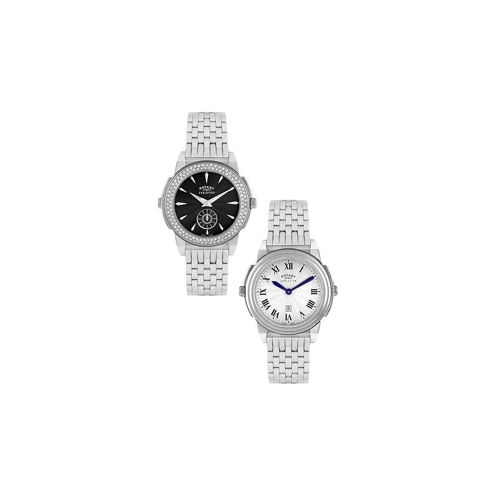 ROTARY Quarzuhr Damen Edelstahl Gehäuse drehbar 2 Time Zones 2 Looks ELB0009TZ22104, Swiss Made, Zirkonabesatz, Fünfgliedriges Armband