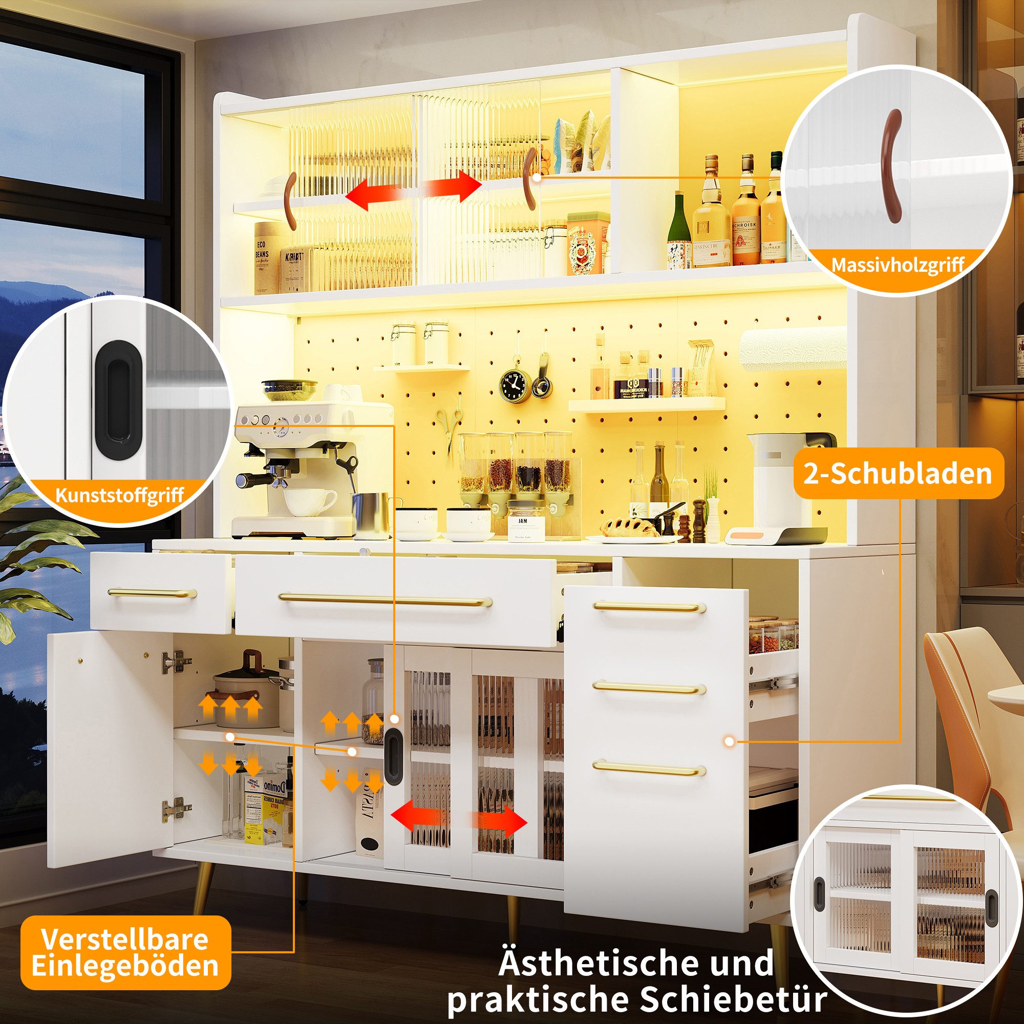 Odikalo Küchenbuffet Küchenschrank Buffetschrank mit LED & großer Stauraum (mit LED-Beleuchtung,Hochschrank für Küche & Wohnzimmer, Aufbewahrungsschrank mit Loc – Bild 3 von 5