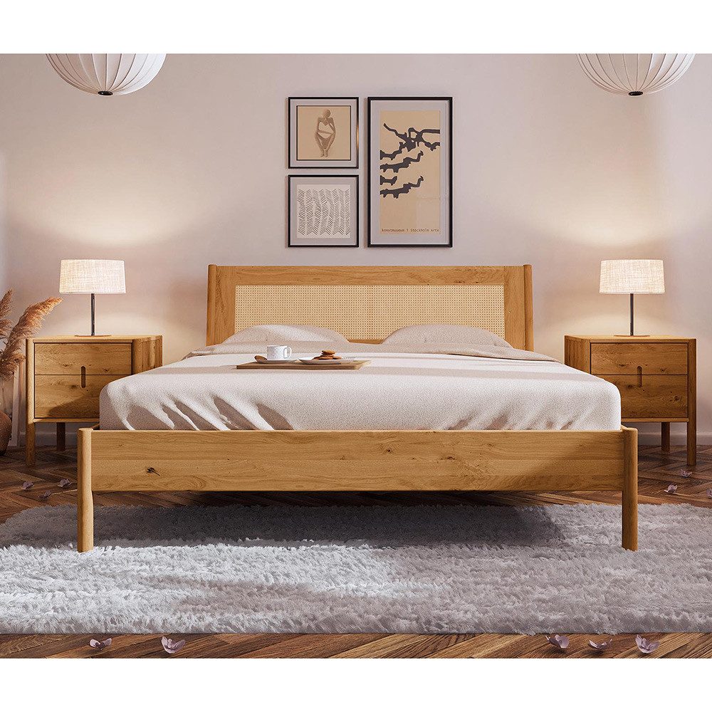 Lomadox Schlafzimmer-Set PORI-165, (Spar-Set, 3-tlg., Bettgestell Nachttische), Bett 160x200cm, Rattankopfteil, Wildeiche geölt, Echtholz/Massivholz