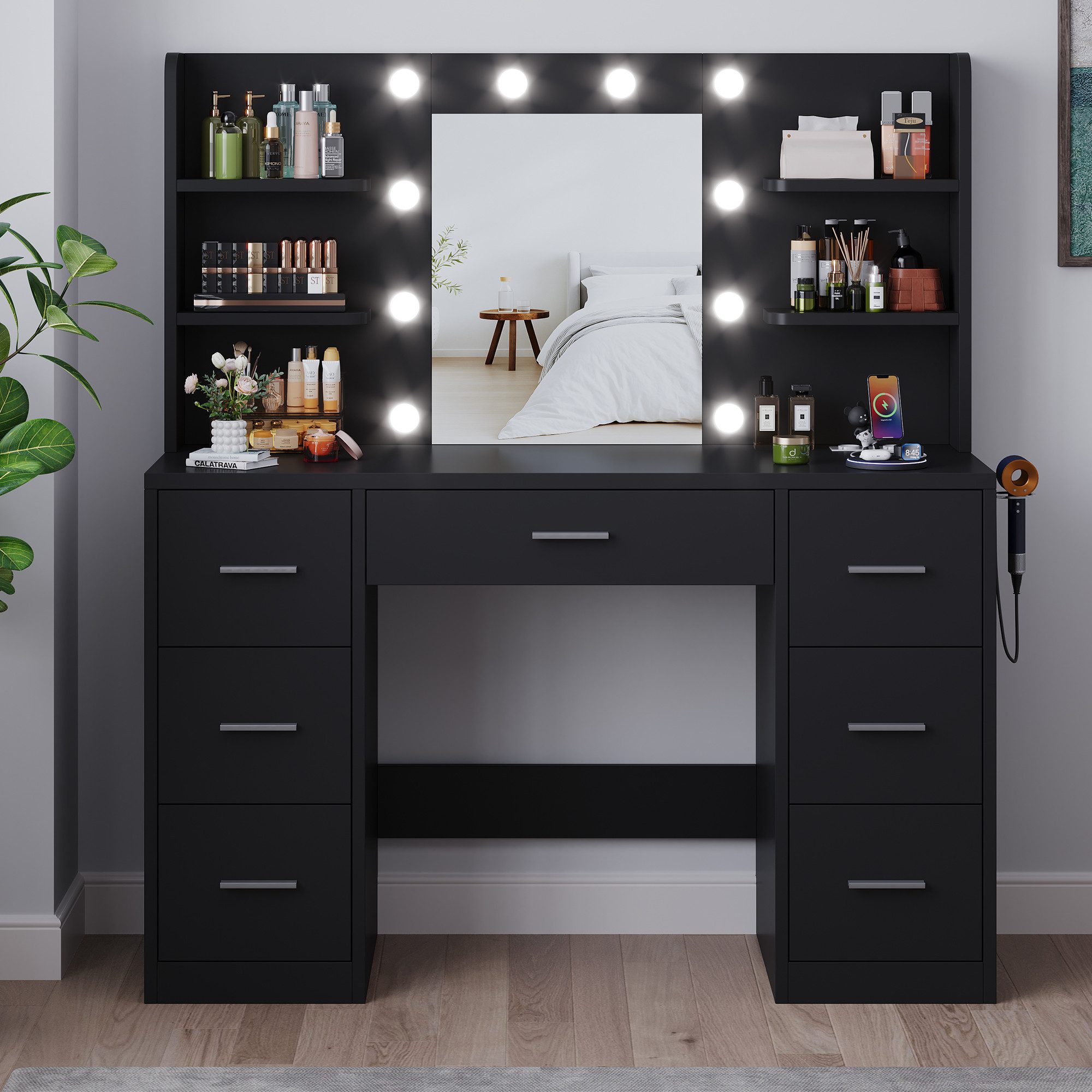 Furnicopia Schminktisch Mit einstellbarer LED-Beleuchtung, 7 Schubladen und 4 Fächern (Große Größe: 110 × 40 × 137 cm, mit 1 USB-Anschluss, 1 Typ-C-Ladeanschluss, 2 Netzsteckdosen und 1 Föhnhalterung. Erhältlich in Weiß oder Schwarz)