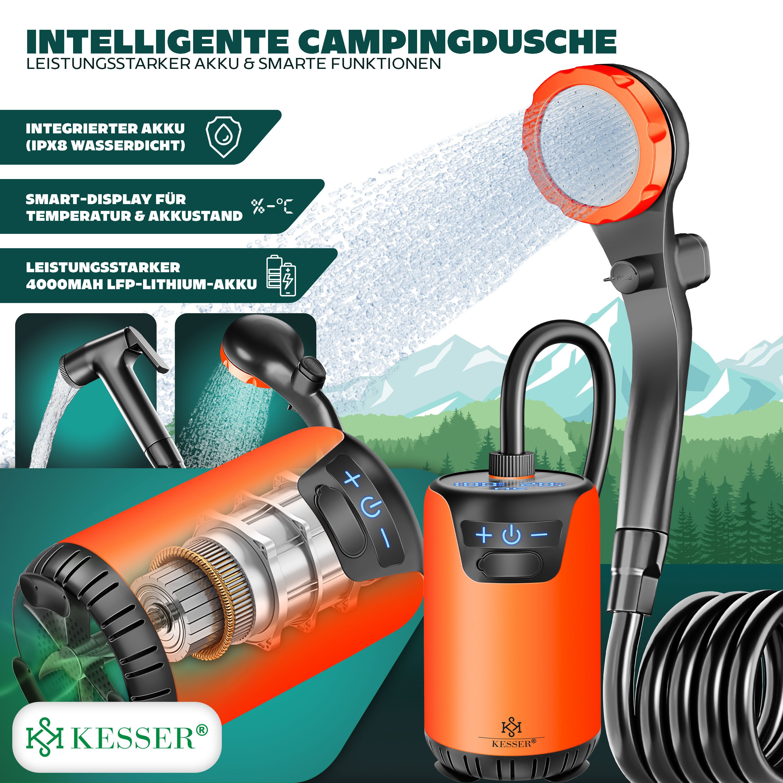 KESSER Gartendusche Campingdusche mit Pumpe & wiederaufladbarem Akku 4000mAh (Mobile Dusche inkl. Duschkopf, 2m Schlauch, Sprühpistole & Halterung), Outdoor Dusche