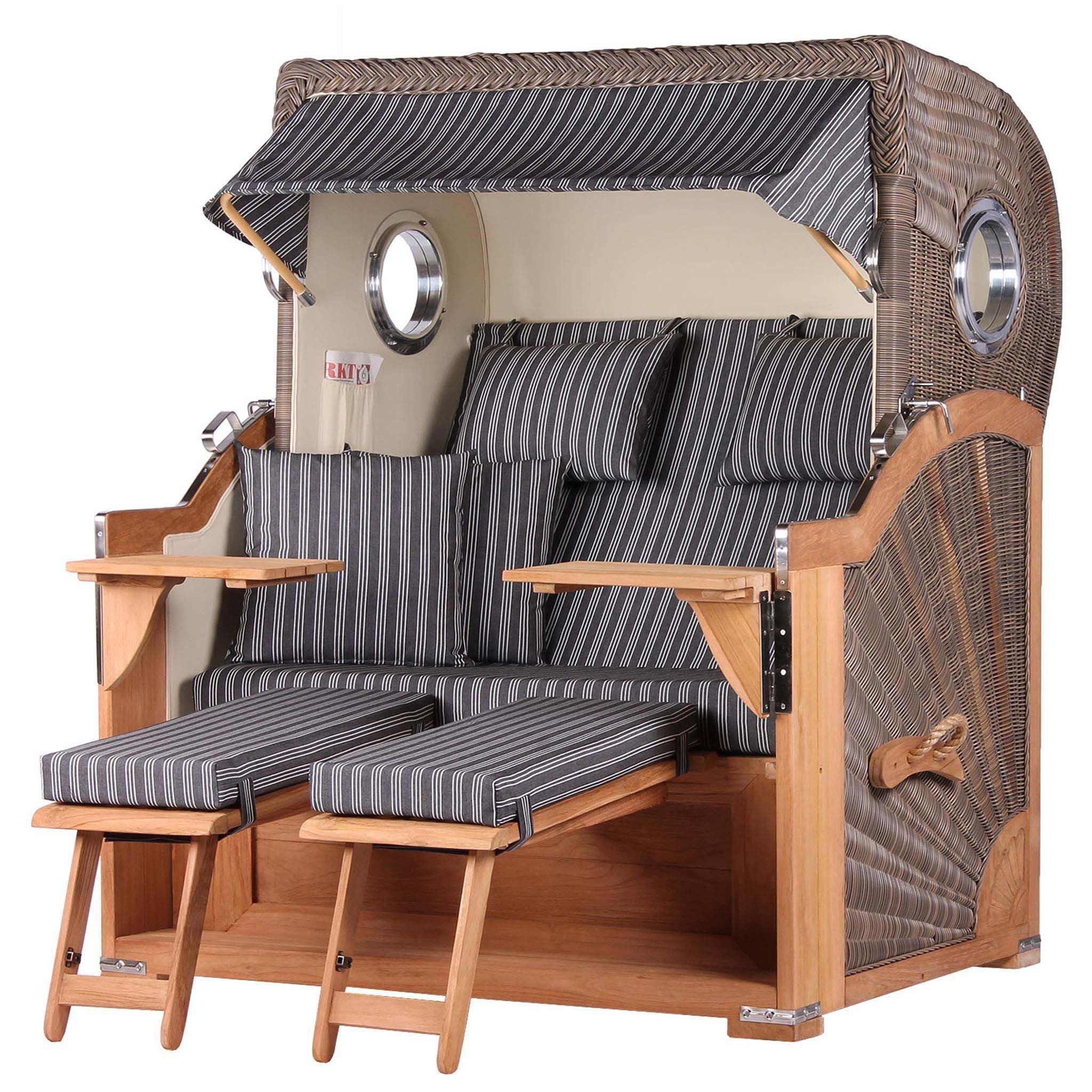 bene living Strandkorb Königssee 2,5-Sitzer Teak - PE grau - Modell 500, BxTxH: 142x95x170 cm, Volllieger, Königssee 2,5-Sitzer Teak, (Strandkorb-Komplettset, 5-tlg., Strandkorb inkl. Liftersystem und umfangreichem Zubehör), mit Windschutzfolie, Bistrotischen und bequemer Polsterung