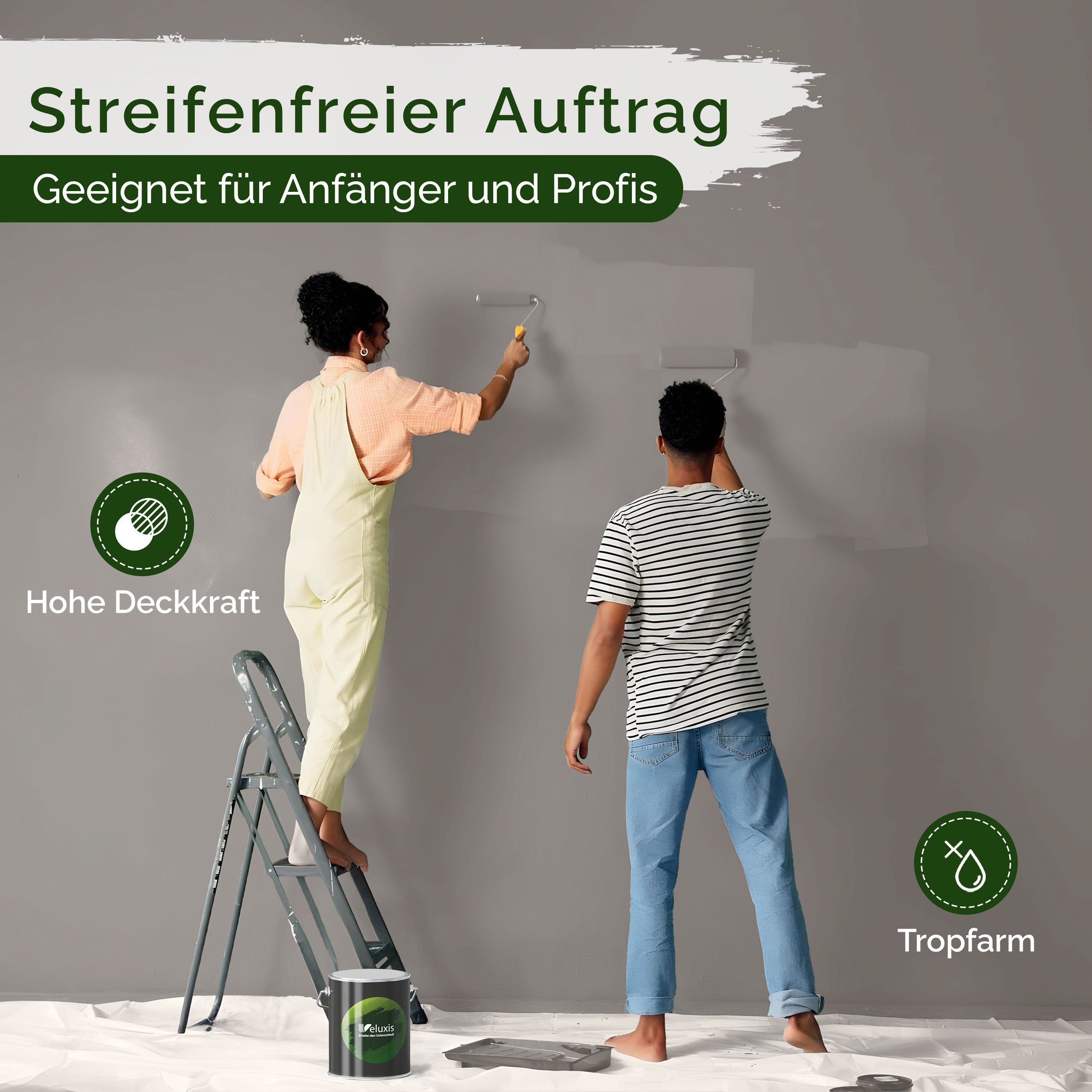 Veluxis Wandfarbe Veluxis® Edle Wandfarbe, für den Innenraum - Deckkraft-Klasse 1, Streifenfrei & tropfarm