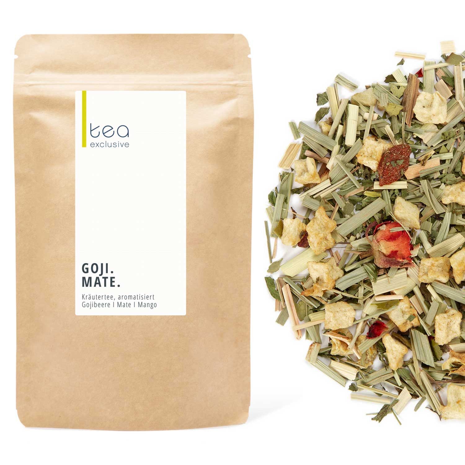 tea exclusive Tee Goji Mate, Kräutertee, 100g, Temperamentvoll, fruchtig mit Apfel, Gojibeere, Minze, Lemongras.