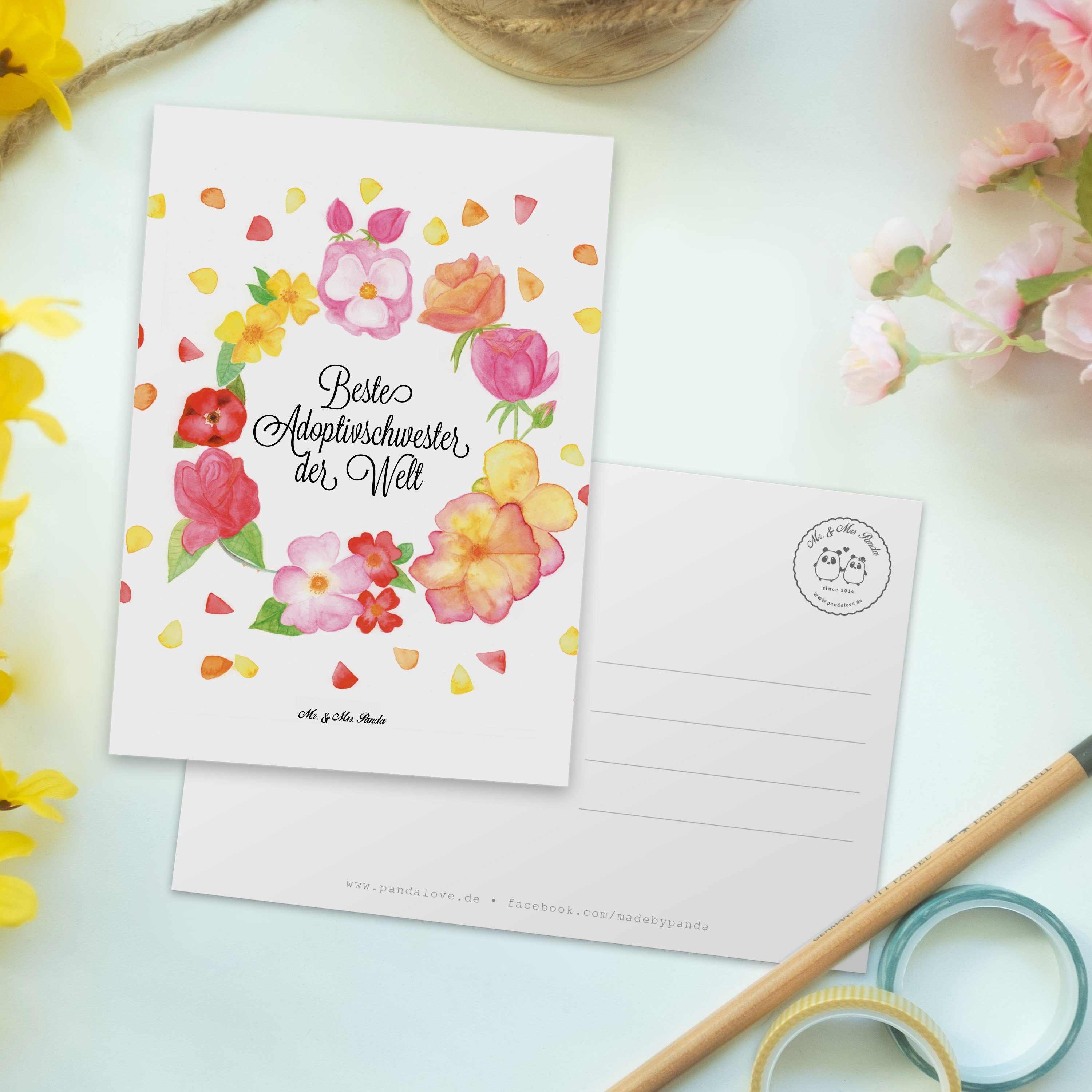 Mr. & Mrs. Weiß - Liebe Postkarte Adoptivschwester Panda - Blumen Flower, Einla Karte, Geschenk