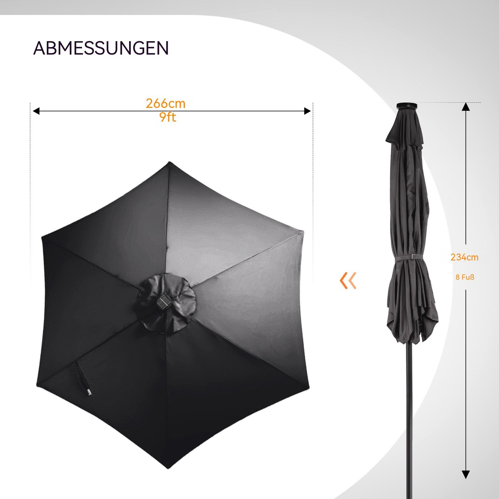 LALAHO Sonnenschirm Gartenschirm Ø266cm mit Solar LED Beleuchtung, Kurbel & Neigefunktion, 6 Stahlrippen UPF50+ Terrassenschirm für Garten, Terrasse – Bild 3 von 5