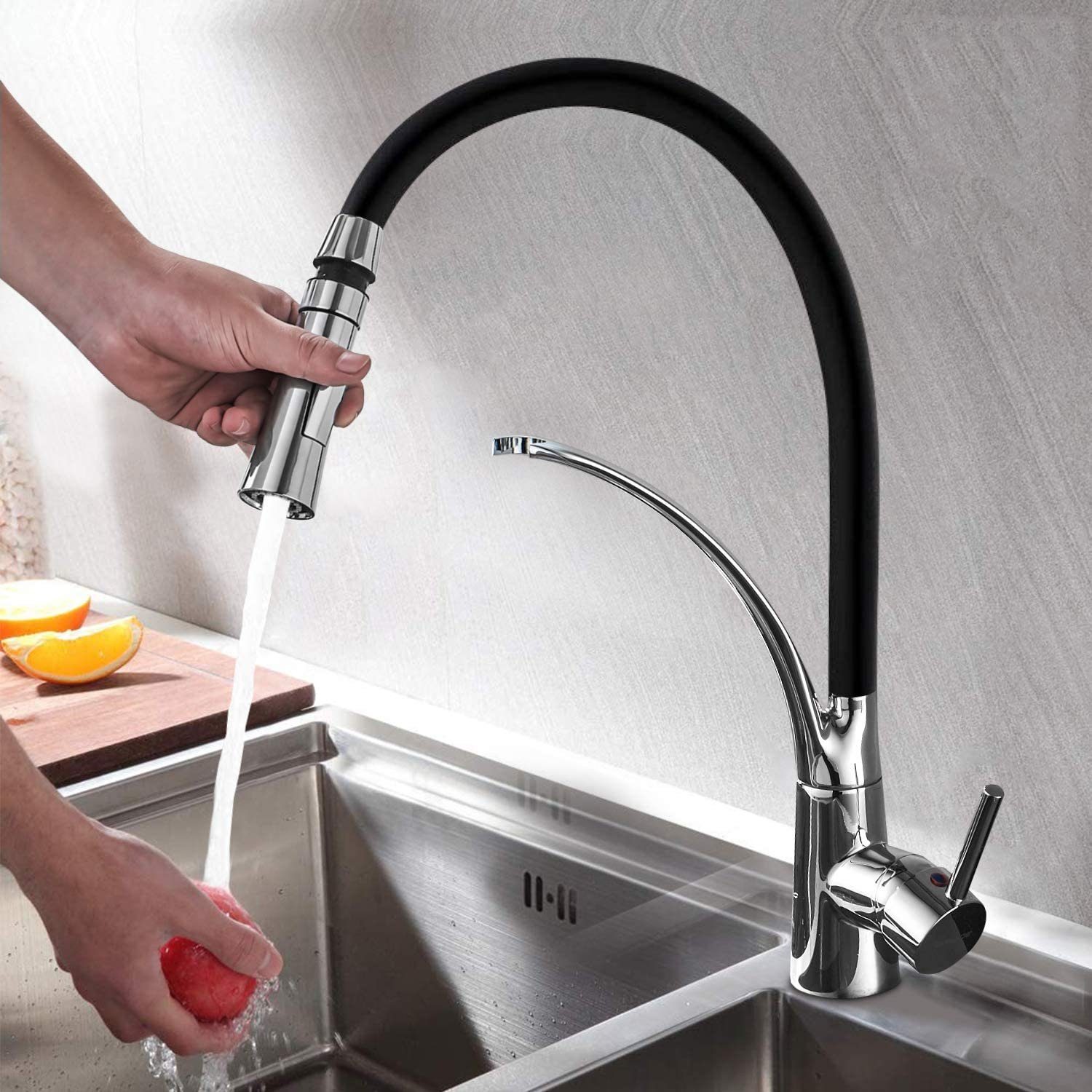 XIIW Küchenarmatur Küchenarmatur mit Brause Ausziehbar, Hochdruckarmatur  Wasserhahn (360° Drehbar Schwarz Armatur Küche mit herausziehbarer  Dual-Spülbrause Mischbatterie) Höhe 425 mm, mit 2 Schläuche