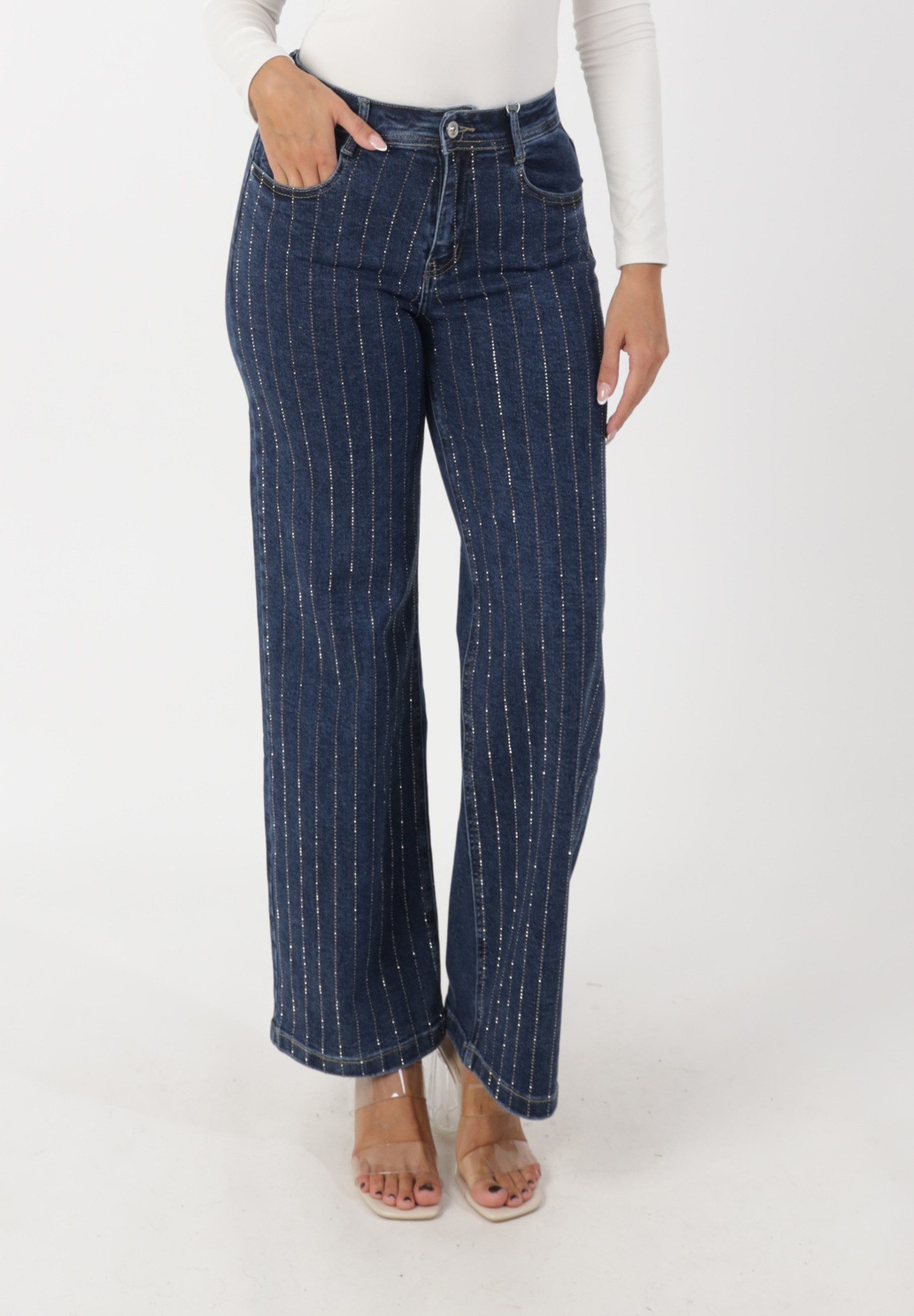 Stoffhose Damen Straight Leg Hose mit Strassstreifen & High Waist Glitzerhose