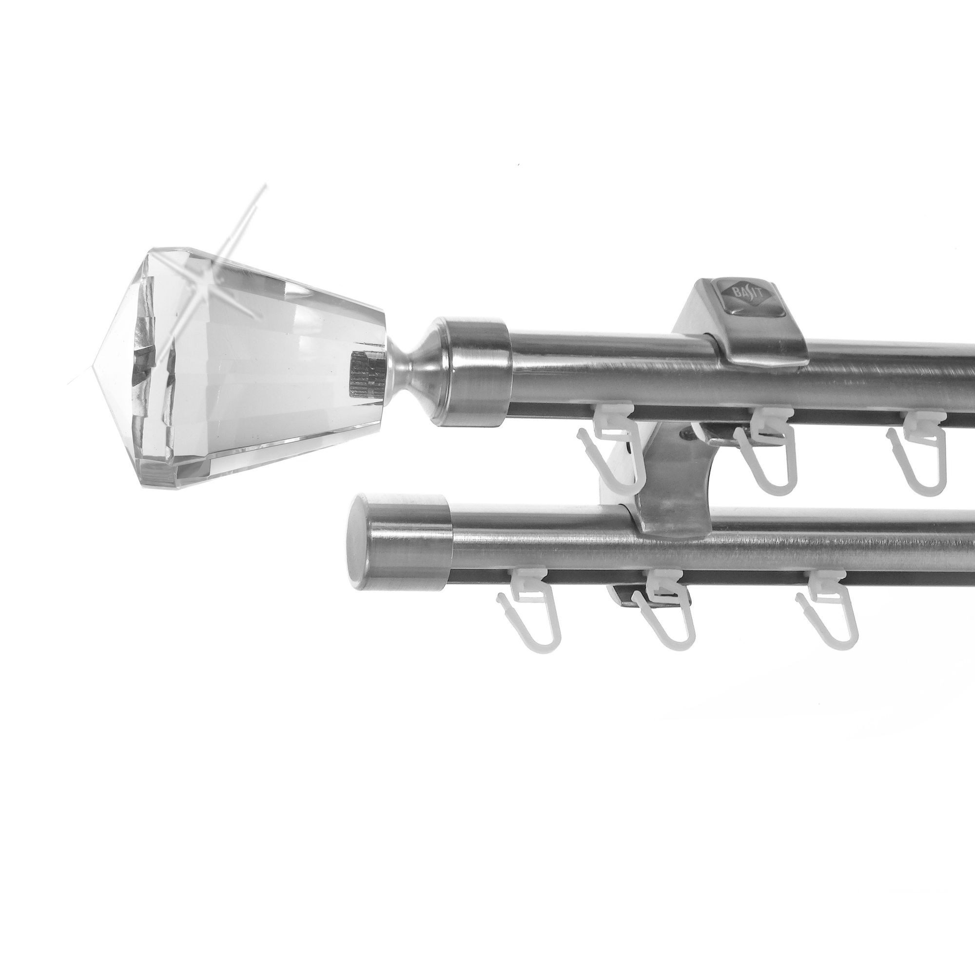 BASIT Gardinenstange Innenlauf Edelstahloptik 20mm mit Deckenträgern 200 cm E36, Ø 20 mm, 2-läufig, verschraubt, Aluminium, D60II 200 cm E36 Knauf Kristall