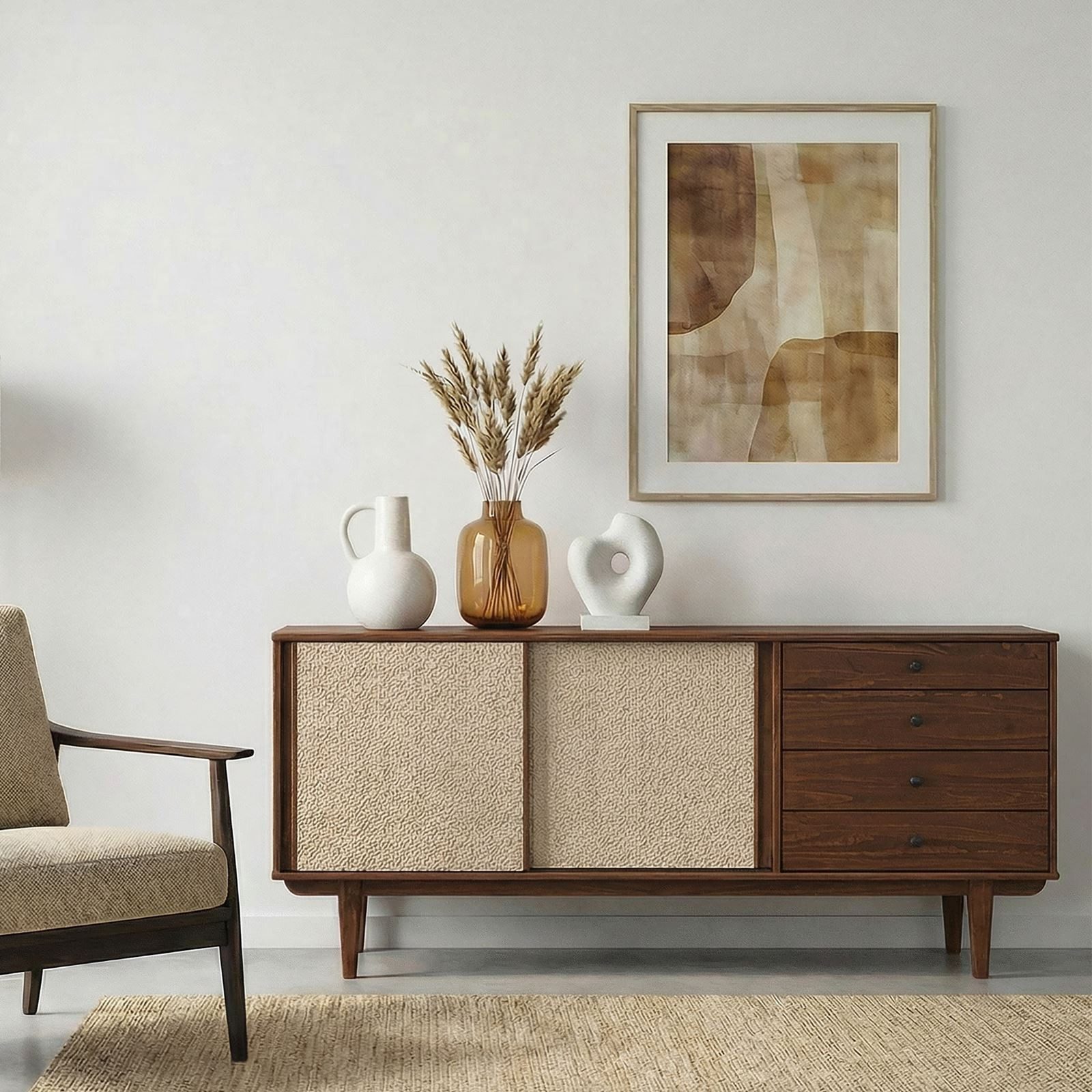 IDIMEX Sideboard SIMONA, Anrichte Kommode Rattan Geflecht Schiebetüren 4 Schubladen Massivholz