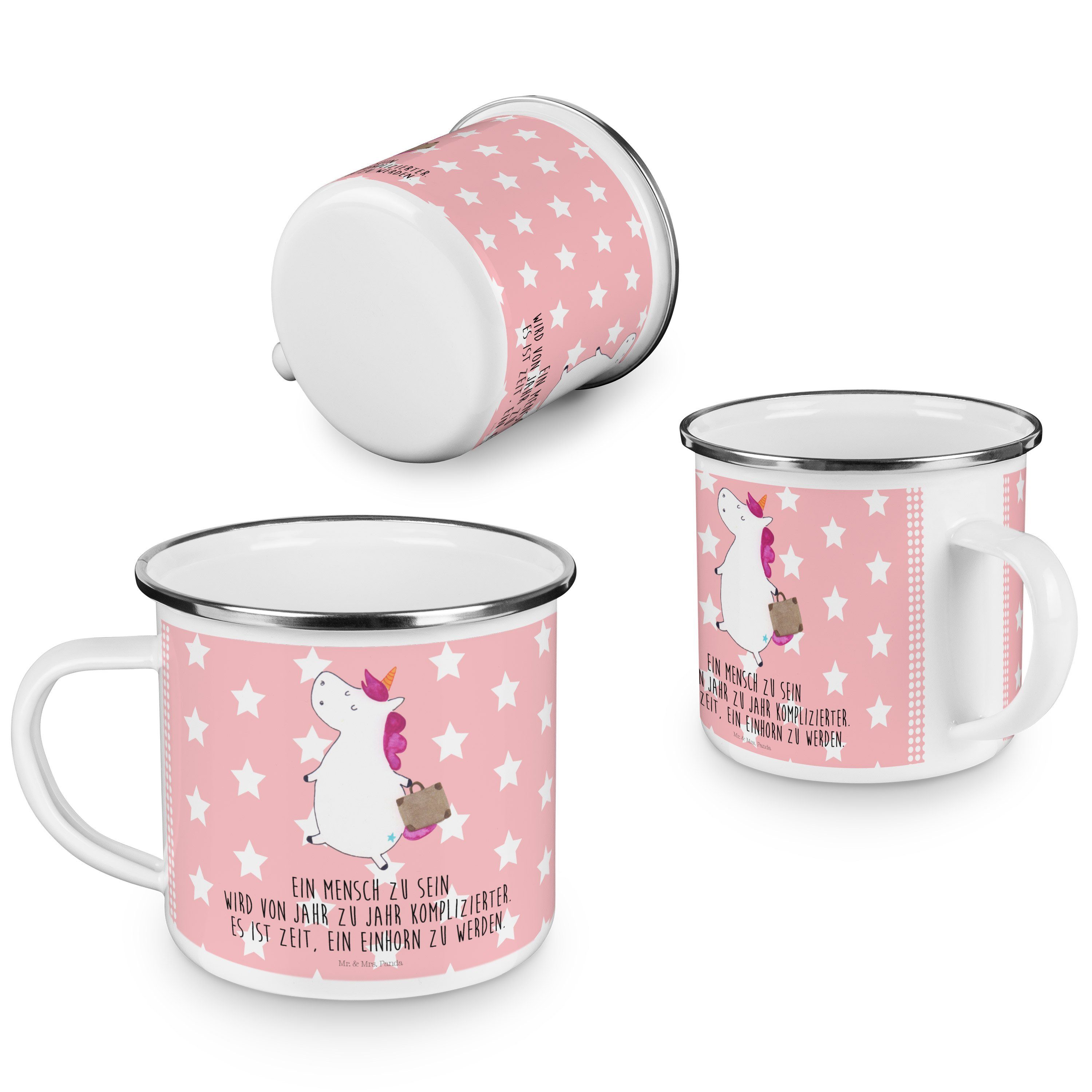 Mr. & Mrs. Panda Becher Einhorn Camping Campingtasse, Rot Geschenk, Pastell - Emaille Tasse, - Koffer