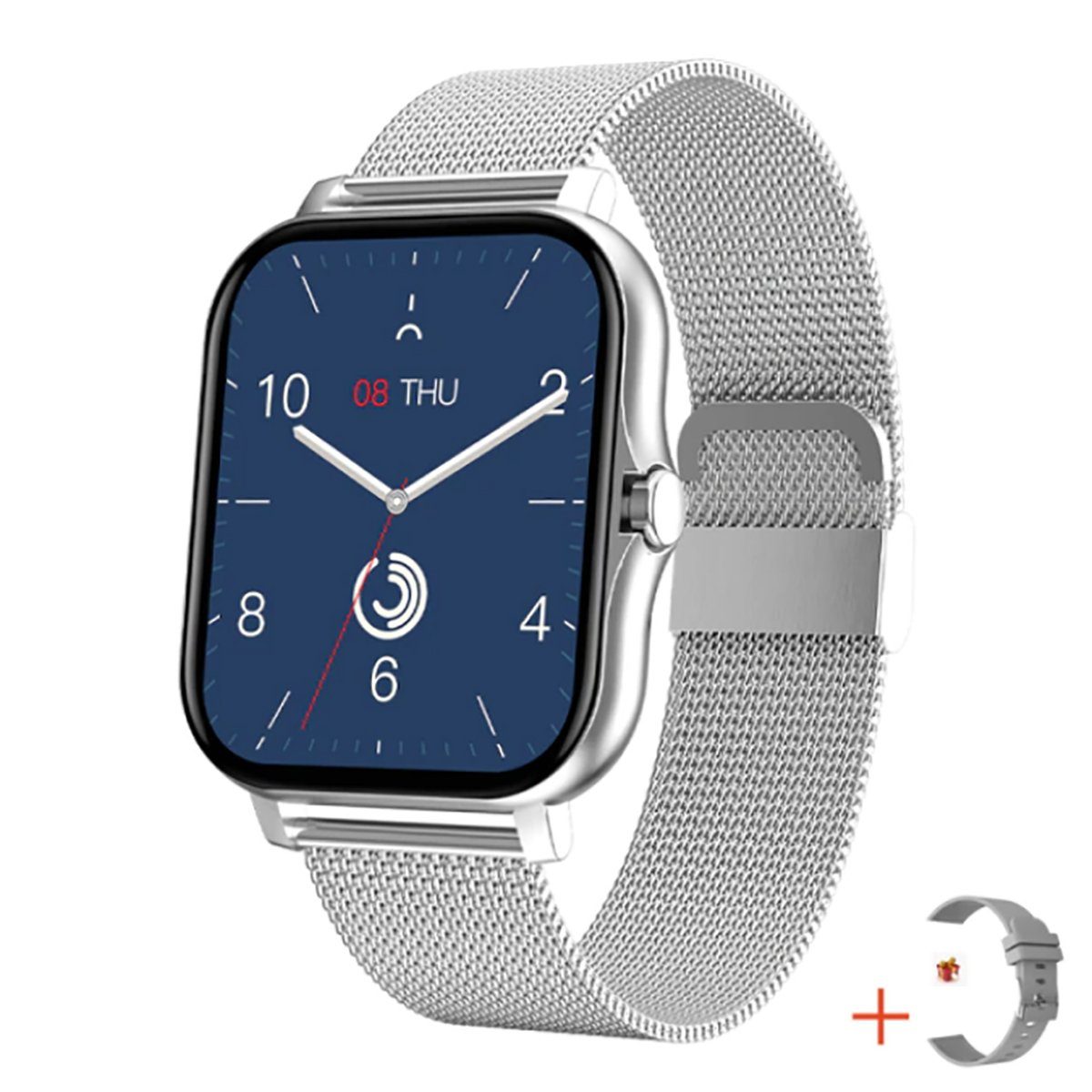 TPFNet SW03 mit Milanaise Armband + Silikon Armband Smartwatch (Android), individuelles Display - Armbanduhr mit Musiksteuerung, Herzfrequenz, Schrittzähler, Kalorien, Social Media etc., Silber
