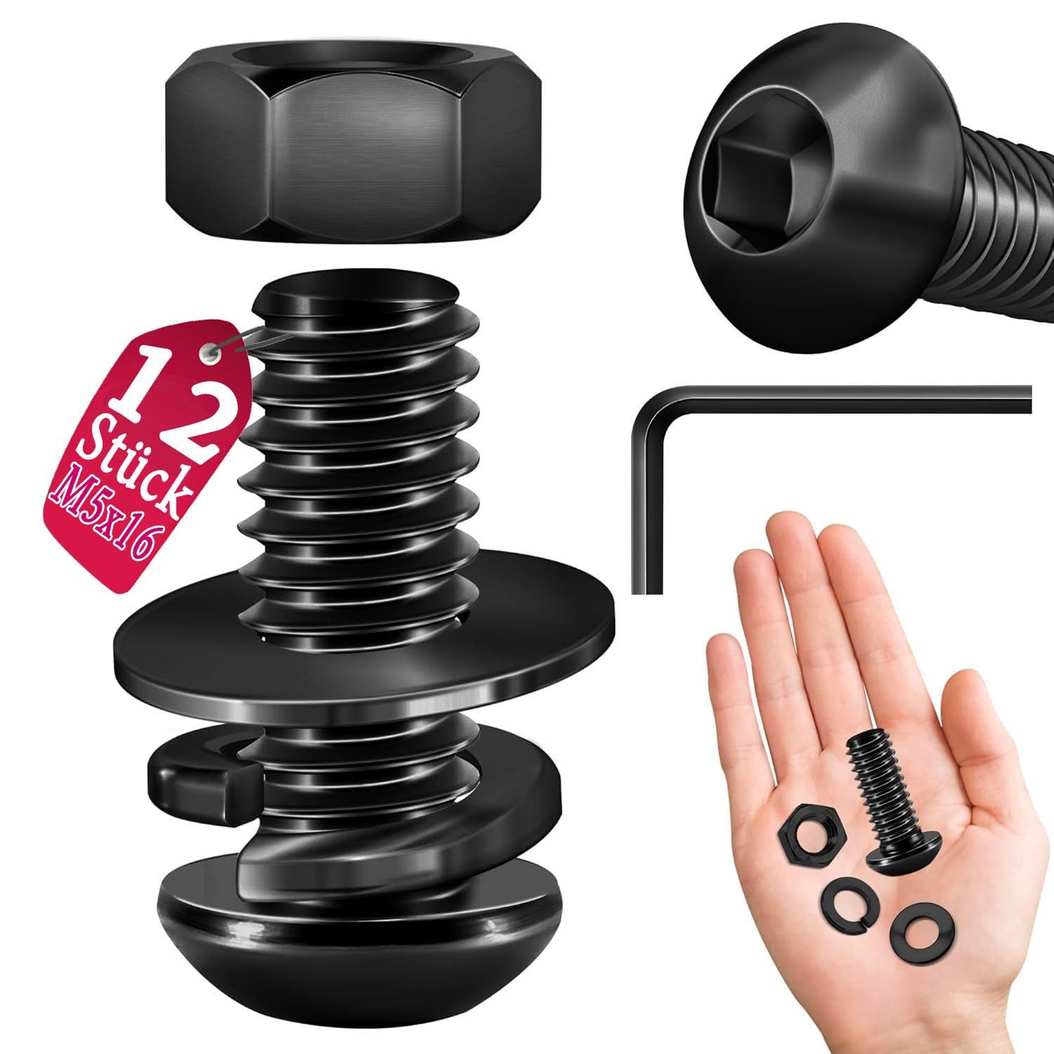 Schrauben- und Dübel-Set Satz mit 12 M5x16-Schrauben, Muttern und Unterlegscheiben