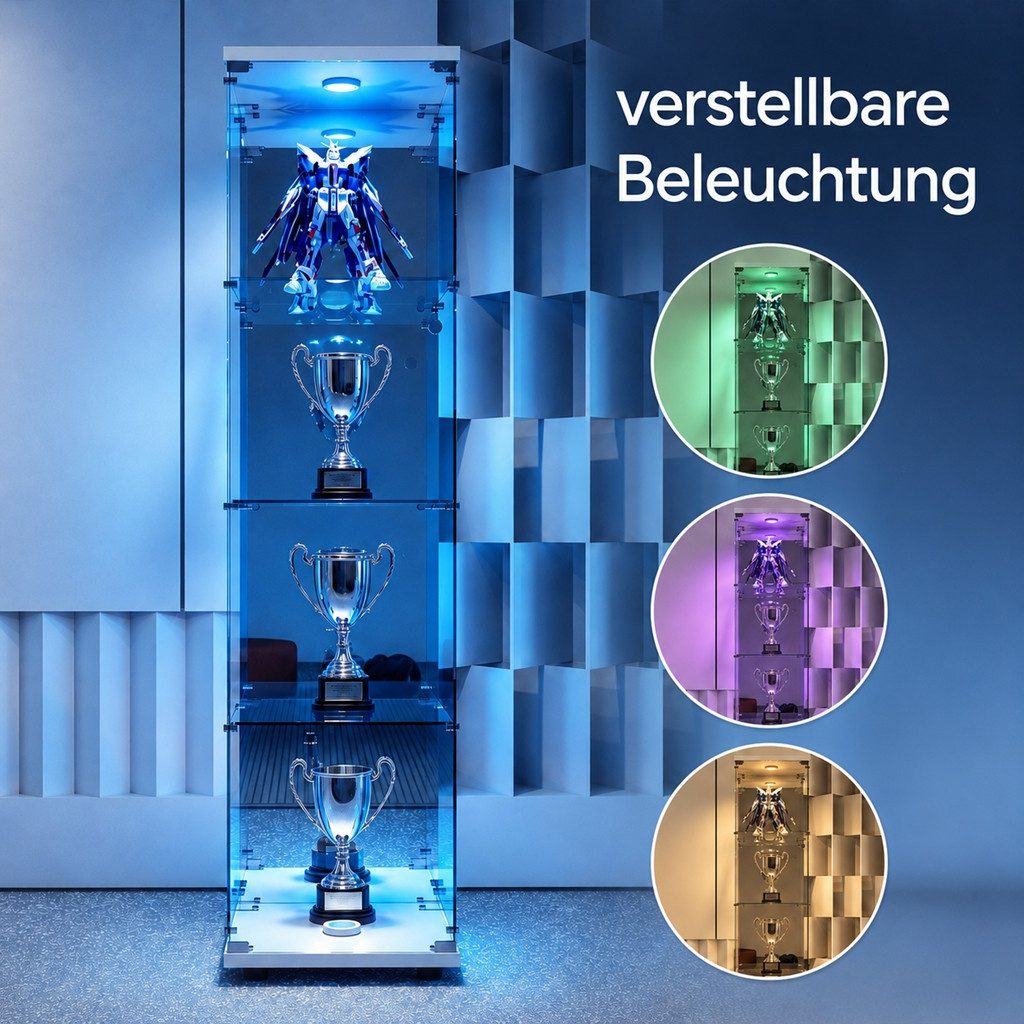 Simurq Glasvitrine Standvitrine mit LED, Glas Vitrinenschrank für Sammlung (1-St, 4 Lagen Glasschrank mit 1 Glastür, Glas Vitrine mit Schloss) Glasvitrine Stehend, perfekt für Sammler, Sammelvitrine