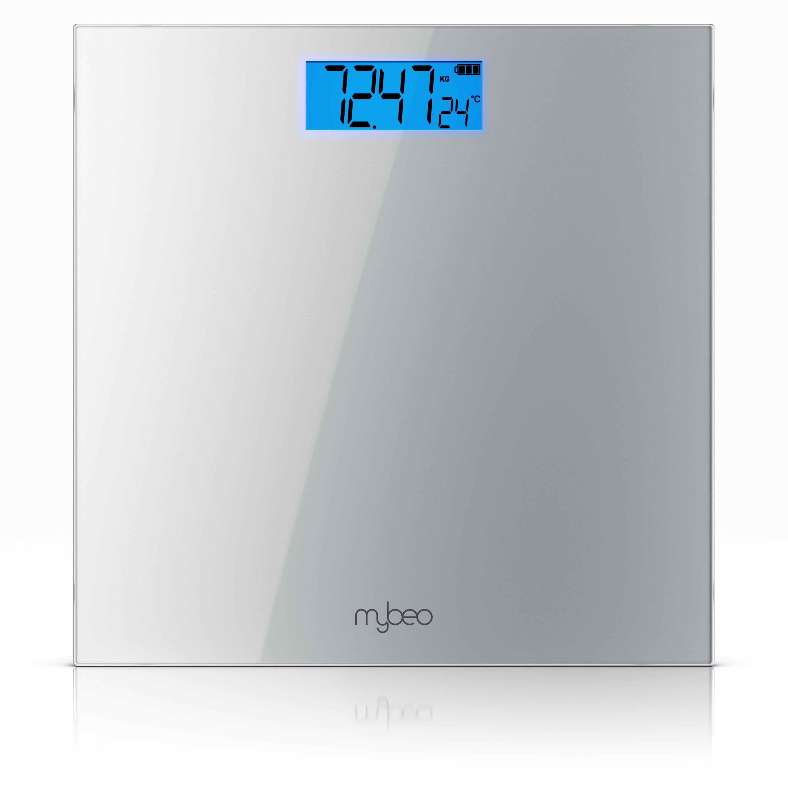 MyBeo Personenwaage digitale Waage für Personen, große Trittfläche aus 6mm Sicherheitsglas, 1-tlg., Badezimmer Digitalwaage, schmales Design, max. Belastung über 150 kg