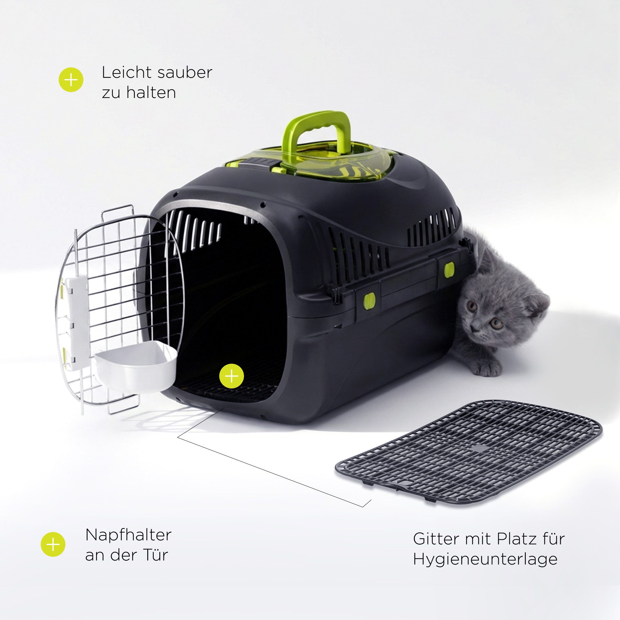 Peluvio Tiertransportbox SAFY für Katzen bis 5 kg, Öffnungsfenster/Großer Griff/Urinauffanggitter/bis zu 5 kg