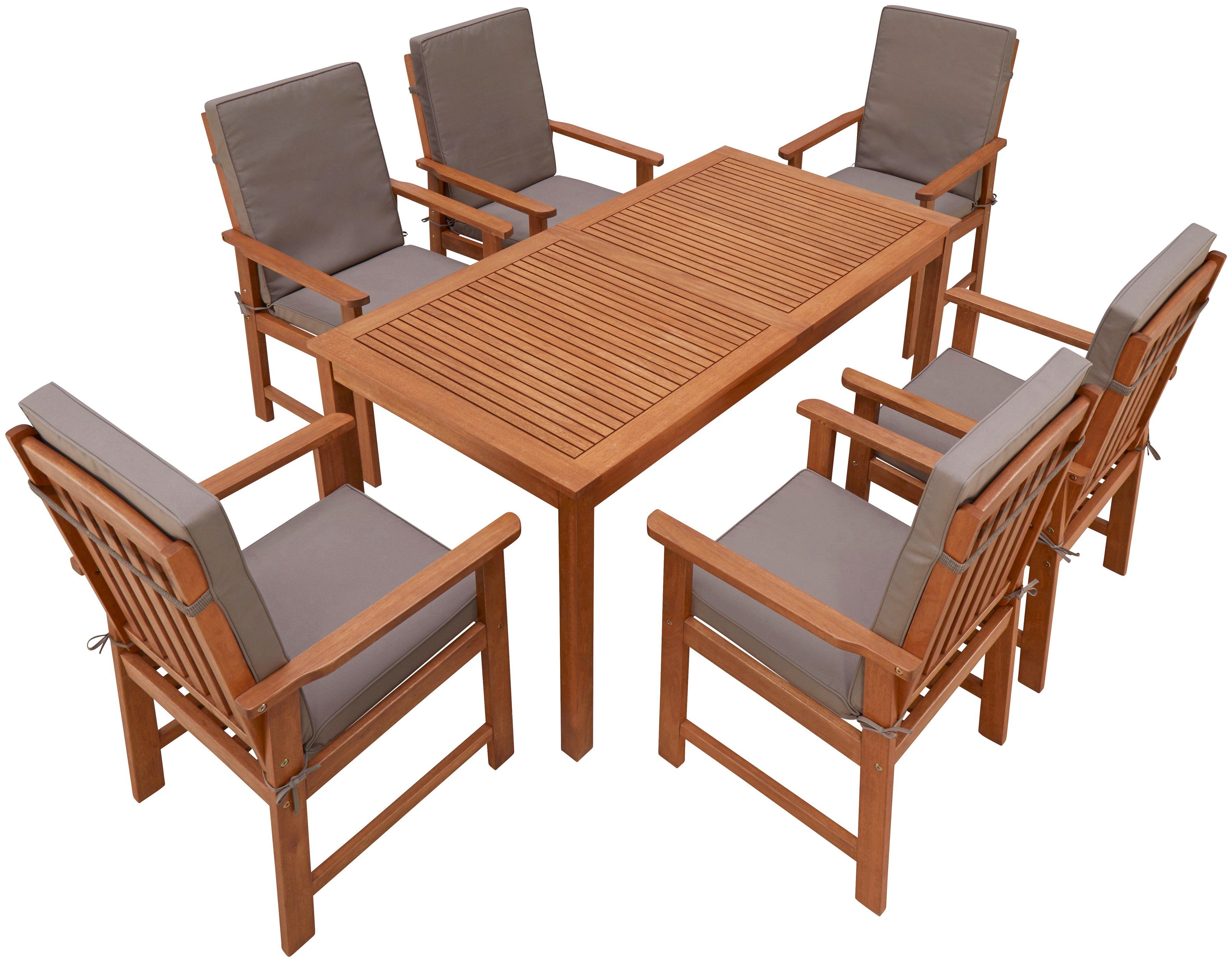 MERXX Garten-Essgruppe Montana, (13-tlg., 6x Sessel, inkl. Auflagen, 1x Tisch 150x80 cm), Eukalyptusholz, FSC® Mix