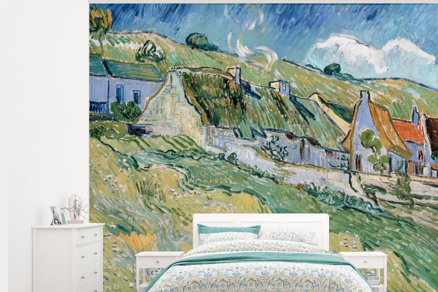 MuchoWow Fototapete Reetgedeckte Ferienhäuser in Cordeville - Vincent van Gogh, Matt, bedruckt, (5 St), Montagefertig Vinyl Tapete für Wohnzimmer, Wandtapete