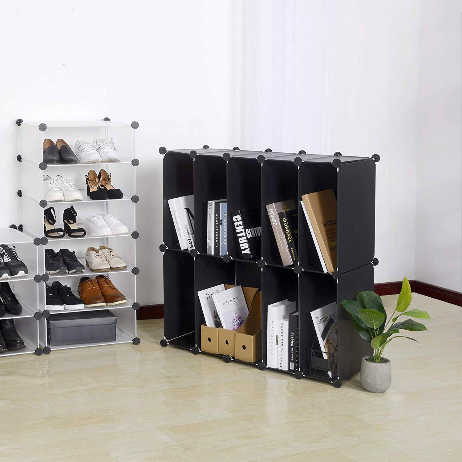 Woltu Schuhkommode, DIY Schuhschrank mit Tür, 10 Fächer aus Kunststoff