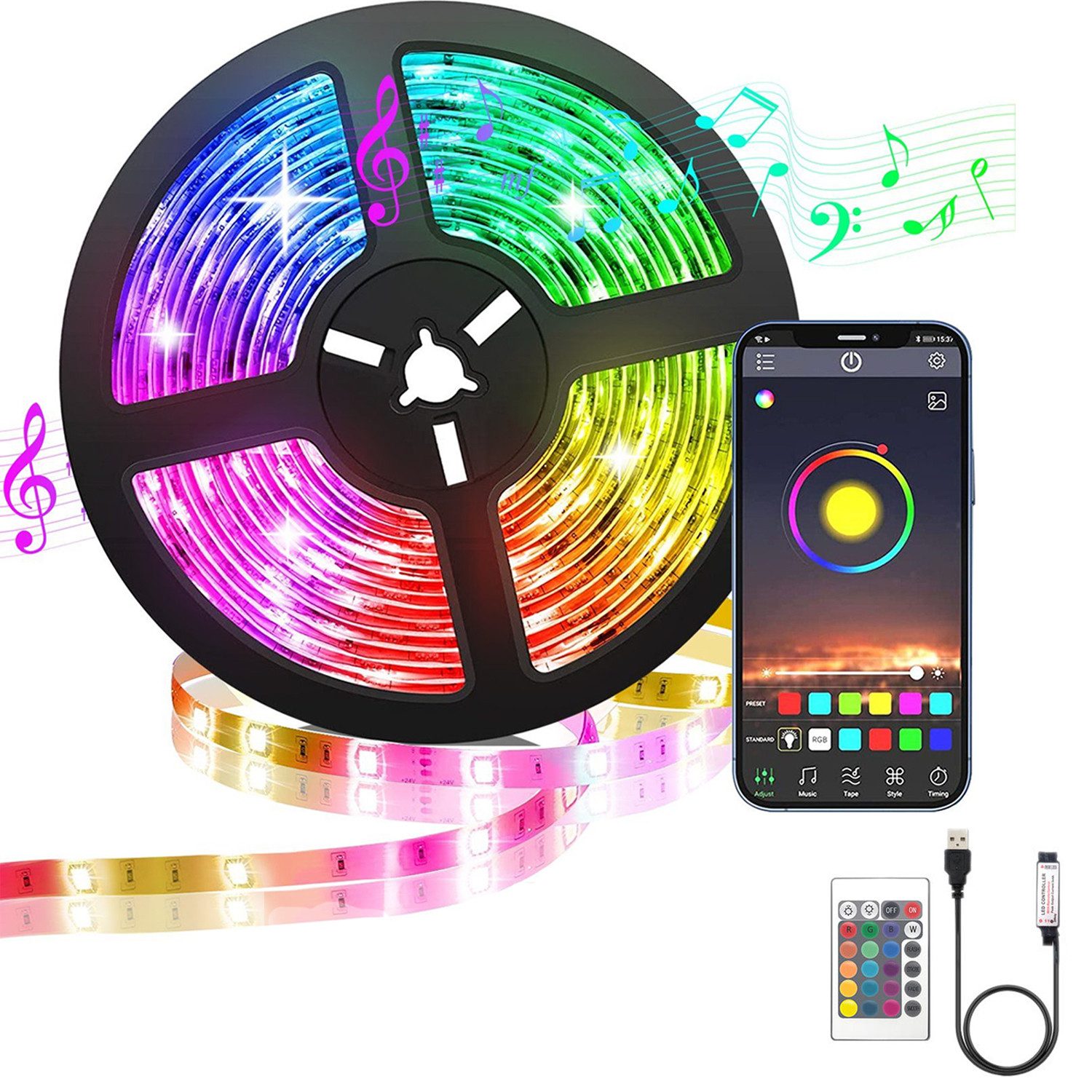 TUWENA LED Stripe 5M RGB LED Streifen mit Fernbedienung Bluetooth Musik Sync Dimmbar