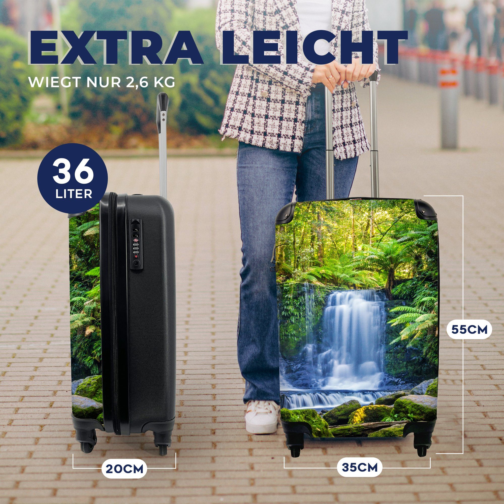 - mit - Wasserfall Trolley, - Pflanzen Dschungel Australien Handgepäck Natur, MuchoWow 4 Reisetasche - Rollen, rollen, Reisekoffer Ferien, für Handgepäckkoffer