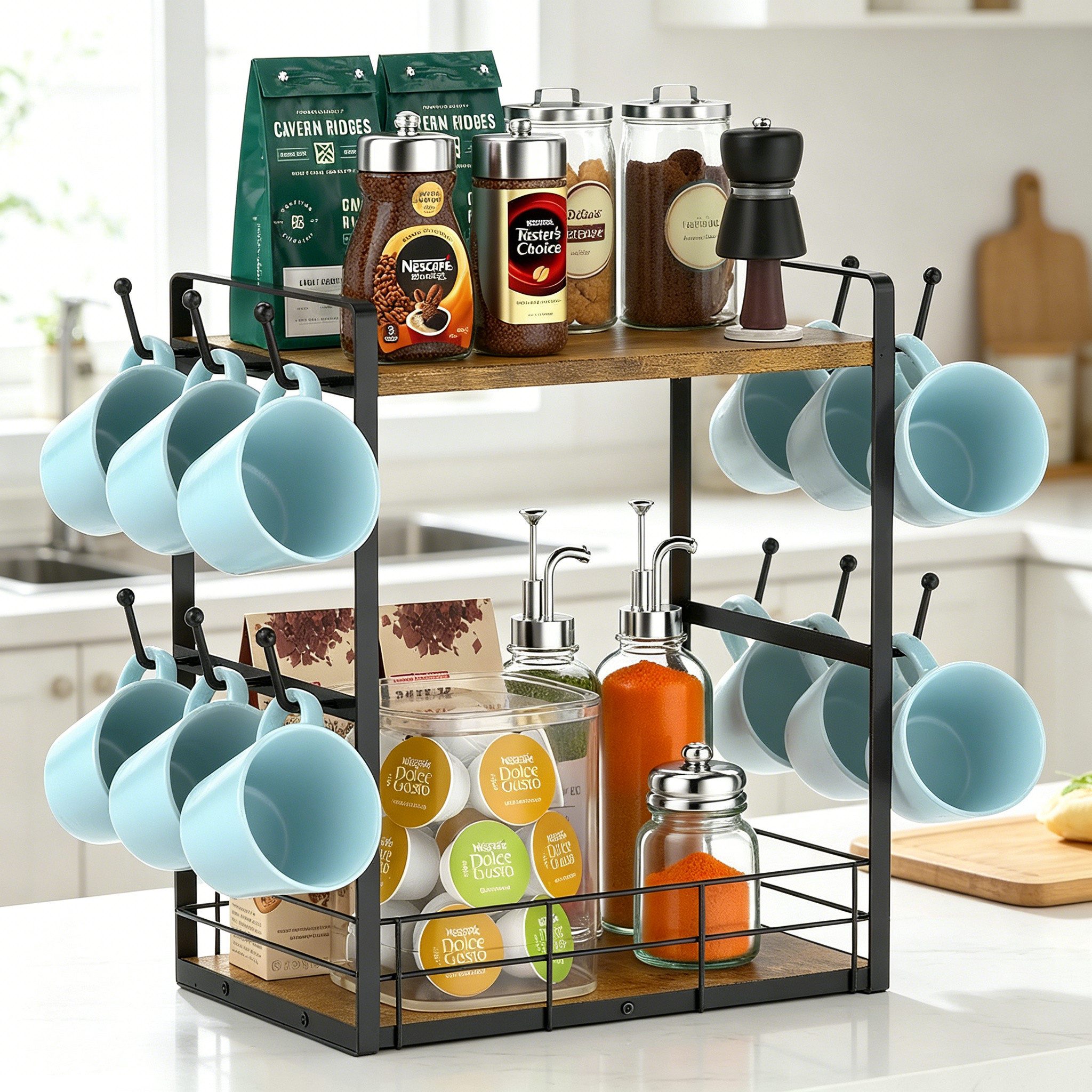 BlingBin Küchenregal 2 Etagen Tassenständer für Arbeitsplatte, 12 Haken, Aufbewahrungskorb, Küchen-Organizer, Gewürzregal 1-tlg., Küchentisch-Organizer, Tassenhalter für Kaffeebar Küche, Braun-Schwarz