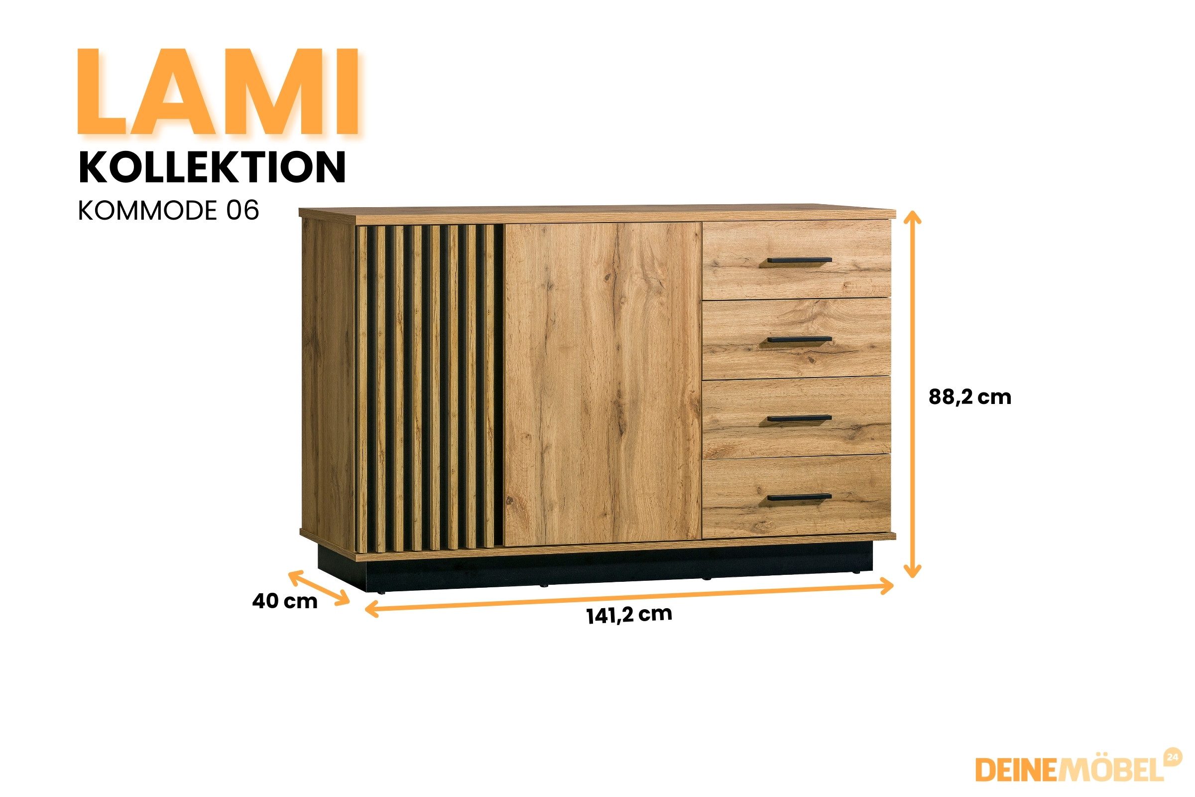 Deine Möbel 24 Kommode LAMI 6 Sideboard in Wotan Eiche / Schwarz Matt mit Lamellen (LAMI - Kollektion, 1 St., ideal für Schlafzimmer Wohnzimmer Flur Jugendzimmer), Sideboard mit 2 Türen & 4 Schubladen