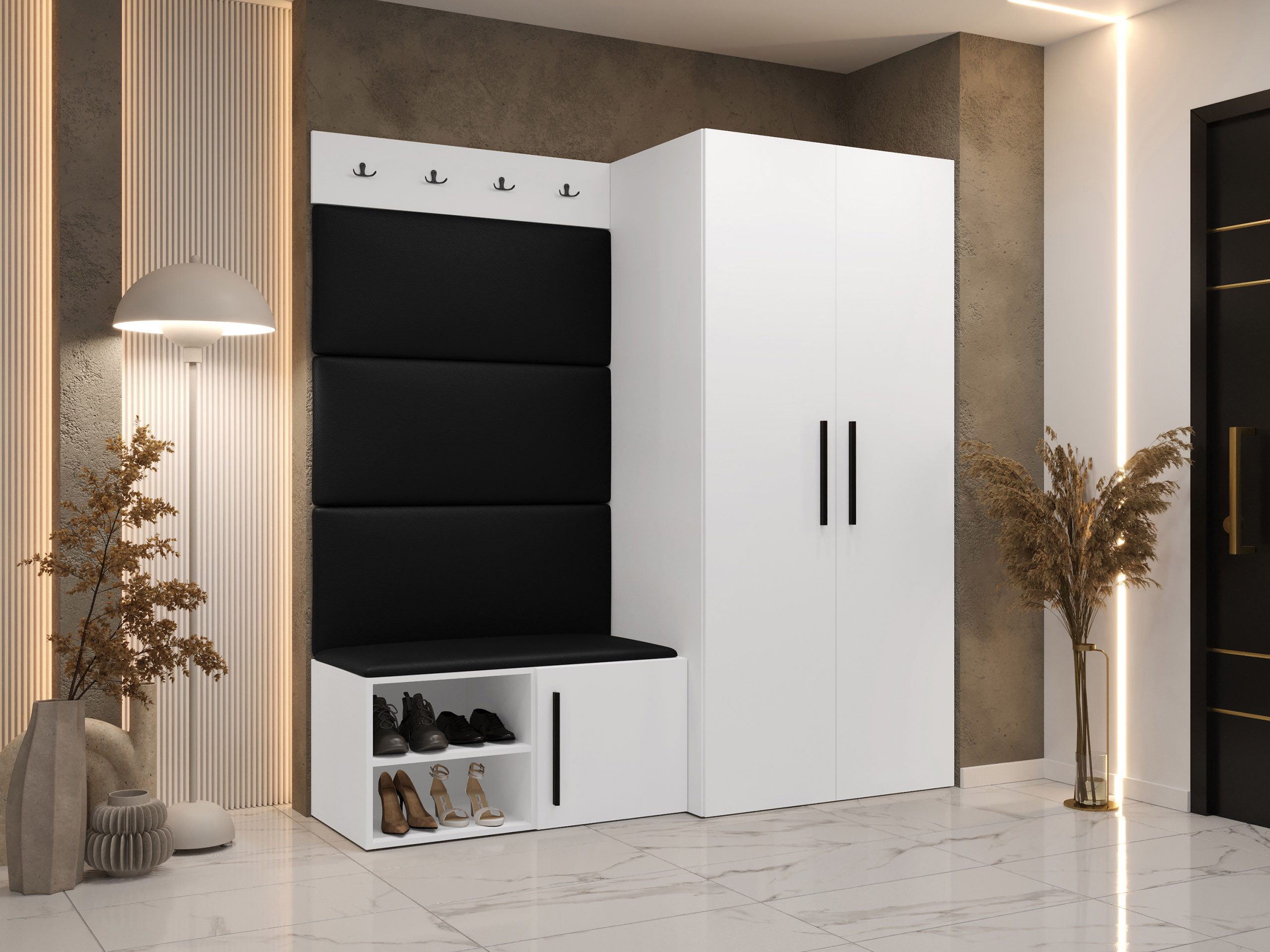 MIRJAN24 Garderoben-Set Medi I, (Drehtürenschrank, Schuhschrank, 4x Paneel 84x42), Kleiderstange, 4 Kleiderhaken für Kleidung