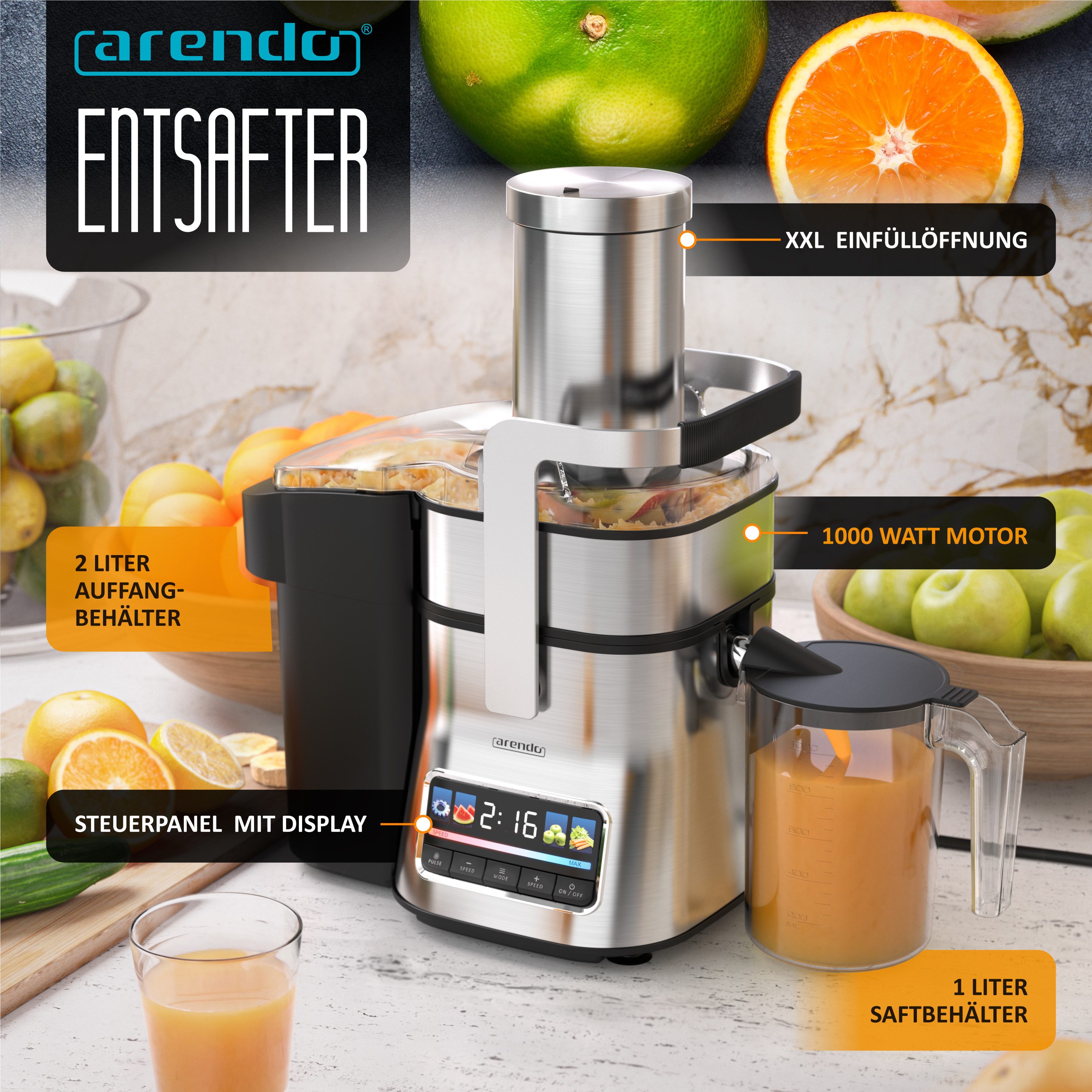 Arendo Zentrifugenentsafter Zentrifugaler Edelstahl digital Entsafter, Obst & Gemüse, Farbdisplay, 1000 W, 1 L Saftbehälter, Automatikprogramme, Touch-Display, BPA-frei