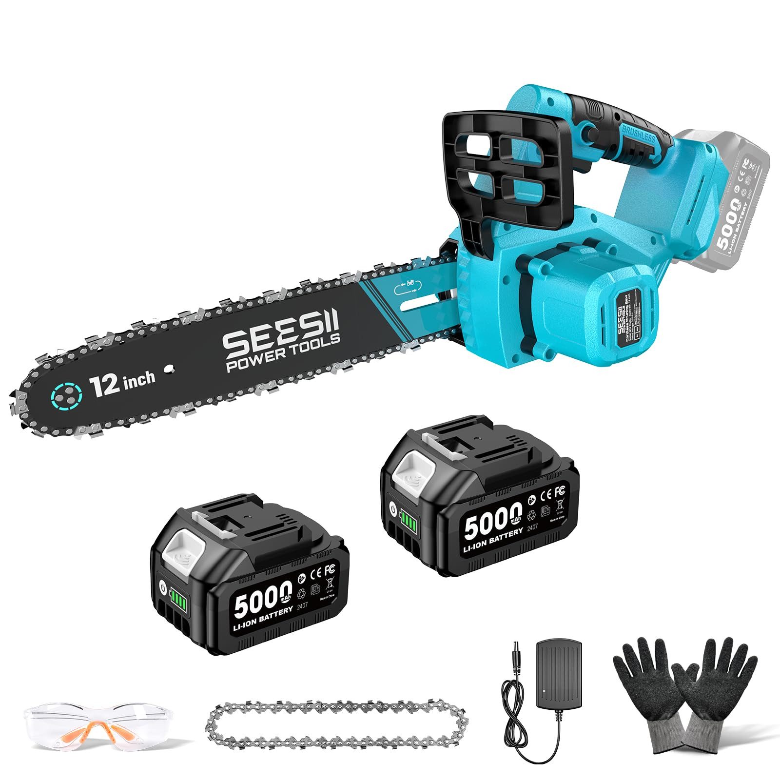SEESII Akku-Kettensäge 12 Zoll, bürstenloser 1200W Motor, Kettensäge 30 cm Schnittlänge, 30 cm Schwertlänge, mit 2 × 5000 mAh Akkus und Ladegerät, mit automatischer Ölung & werkzeugloser Kettenspannung
