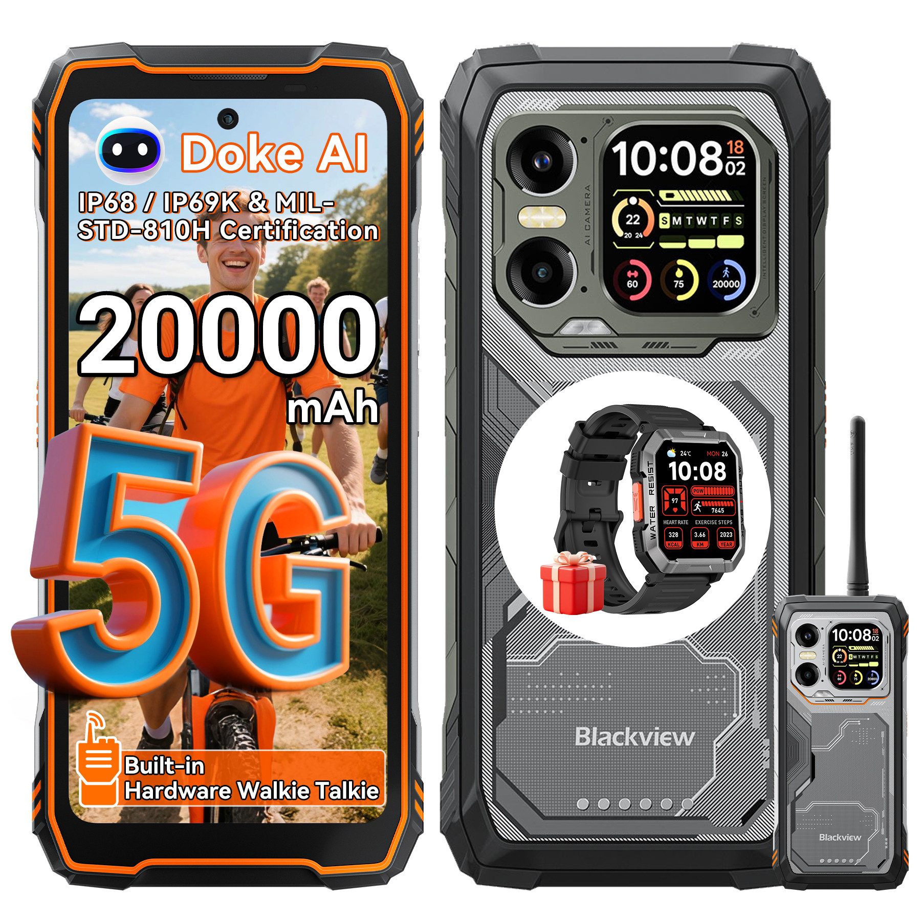 blackview XPLORE 1 Walkie-Talkie mit Nachtsichtkamera incl.W60 Smartphone (6,73 Zoll, 512 GB Speicherplatz, 64 MP Kamera, Dual-Screen, 1080*2460, 120Hz, 64MP+50MP+20MP Nachtsicht, 55W, 5W OTG)