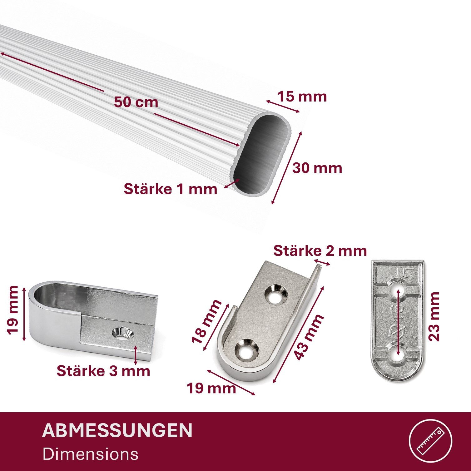 HOOZ Kleiderstange Garderobenstange 50 cm Oval Aluminium inkl. Halter Silber 2er (Set, 2 St., 2 Schrankrohr inkl. 4 Halter), Individuell kürzbar, geschliffene R – Bild 4 von 5